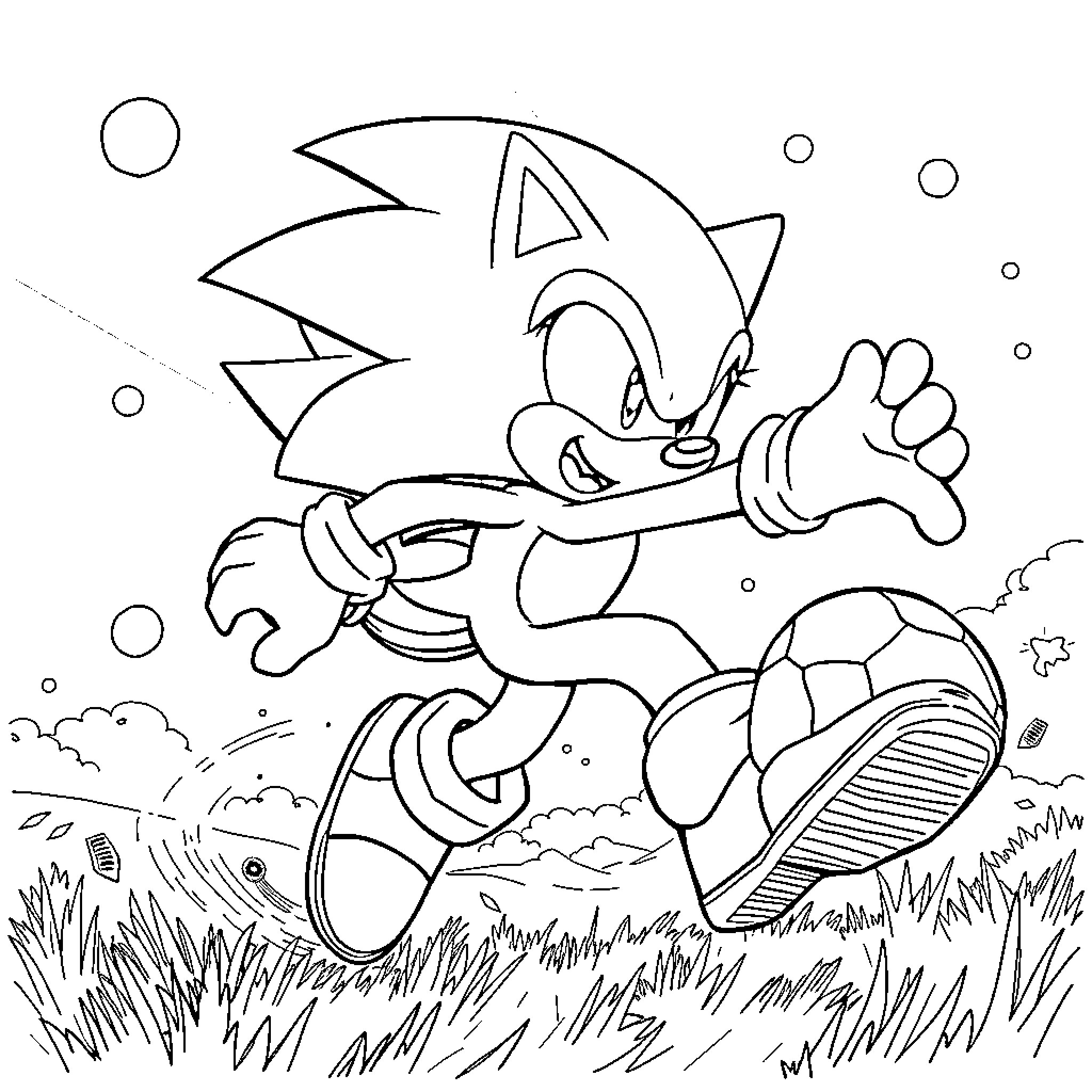 Gol: Speedy Hedgehog Dashing Through Grassy Field Coloring Page (free black-and-white line drawing printable PDF for all, from beginners to advanced learners, including children, teens, adults, and seniors)