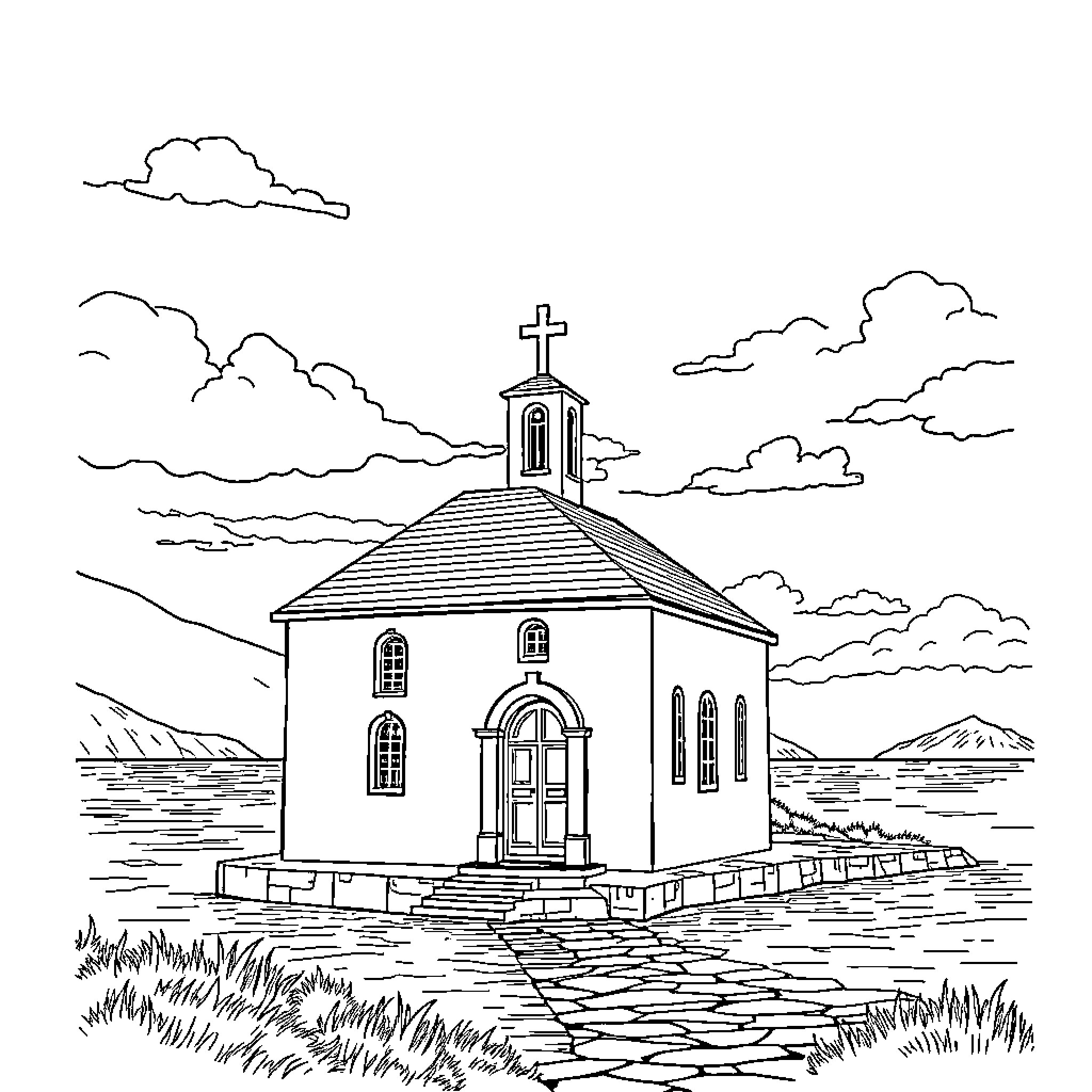 Chapel in the countryside with scenic backdrop Coloring Page (free black-and-white line drawing printable PDF for all, from beginners to advanced learners, including children, teens, adults, and seniors)