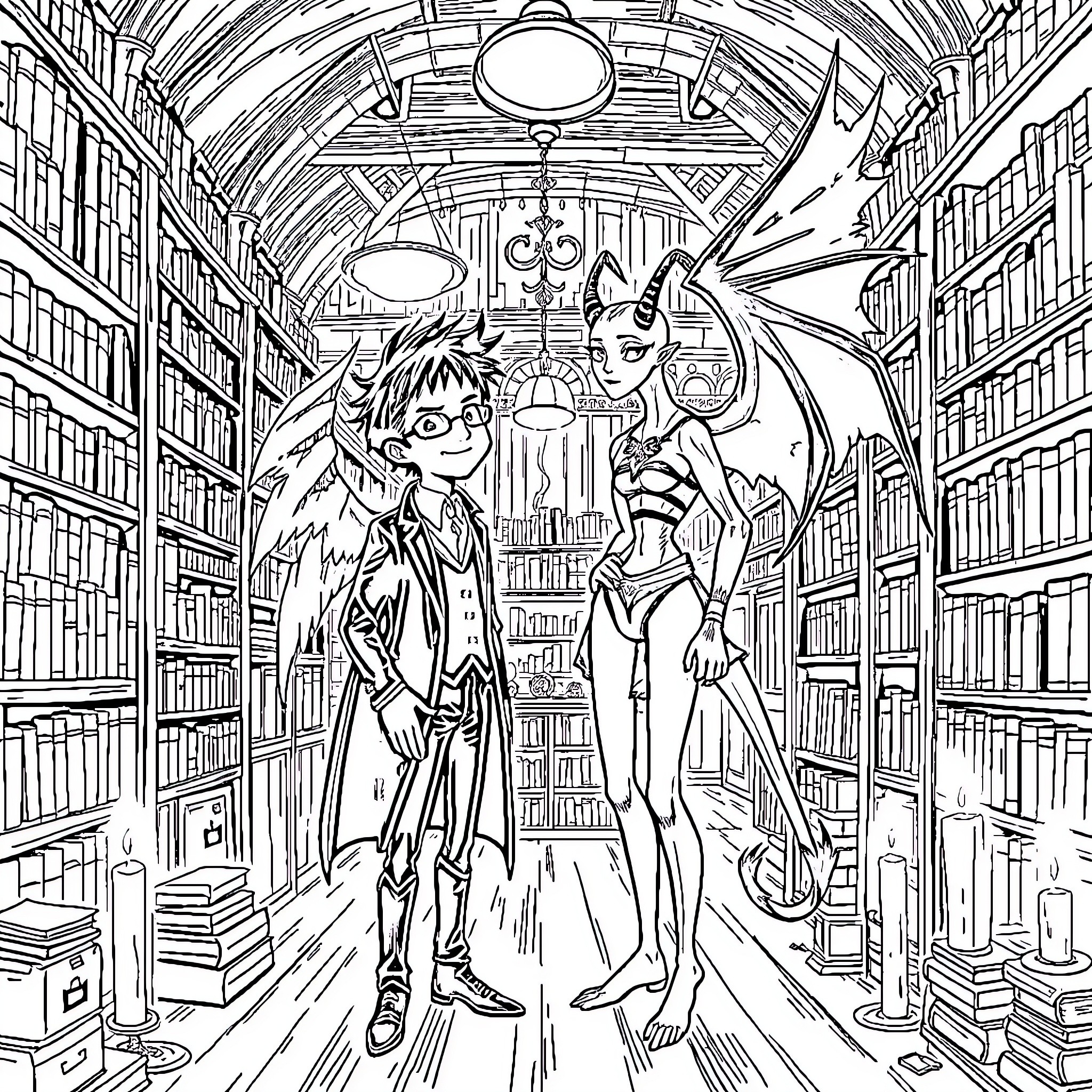 Crowley and Aziraphale's Supernatural Library Adventure Coloring Page (free black-and-white line drawing printable PDF for all, from beginners to advanced learners, including children, teens, adults, and seniors)