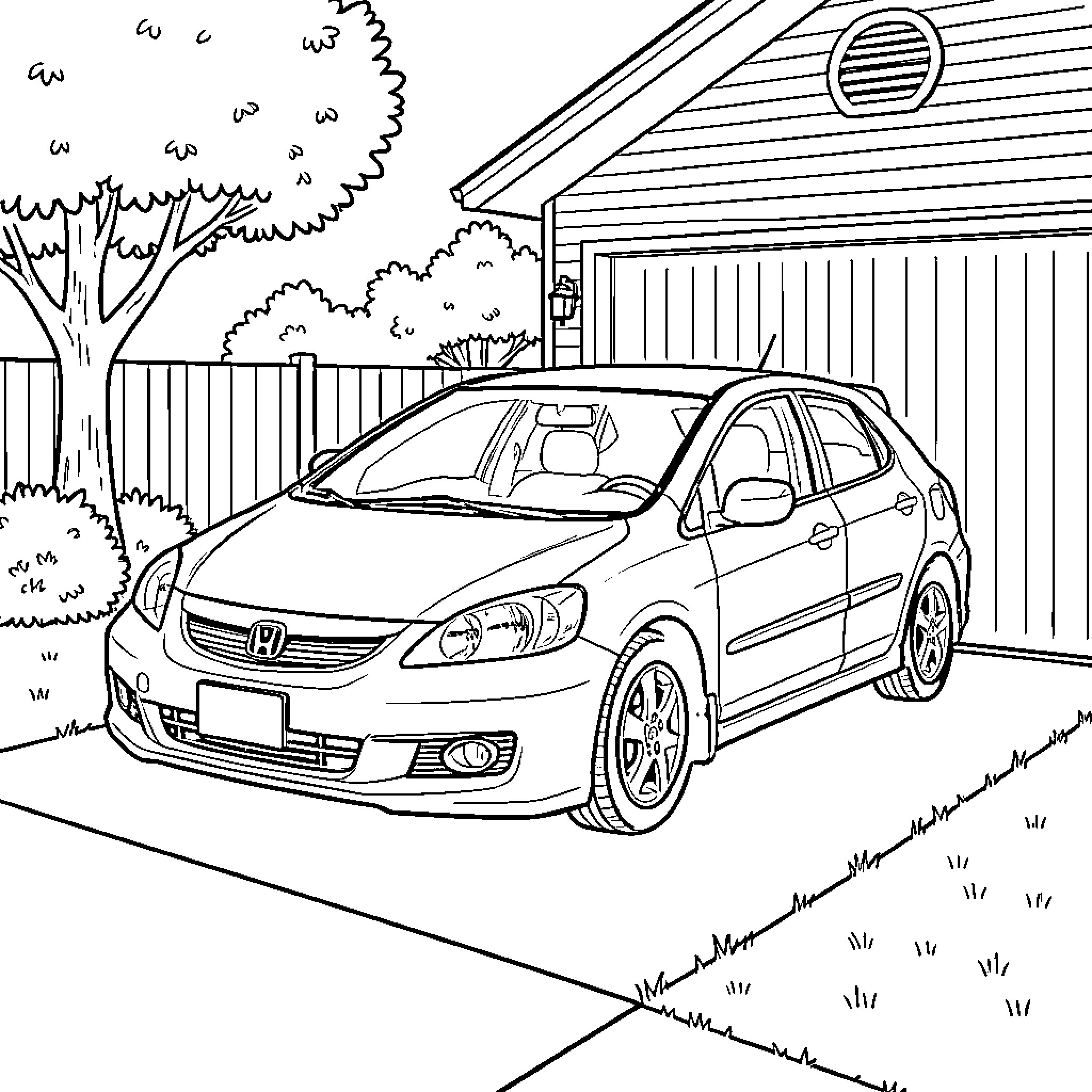 Honda Civic parked in a residential driveway Coloring Page (free black-and-white line drawing printable PDF for all, from beginners to advanced learners, including children, teens, adults, and seniors)