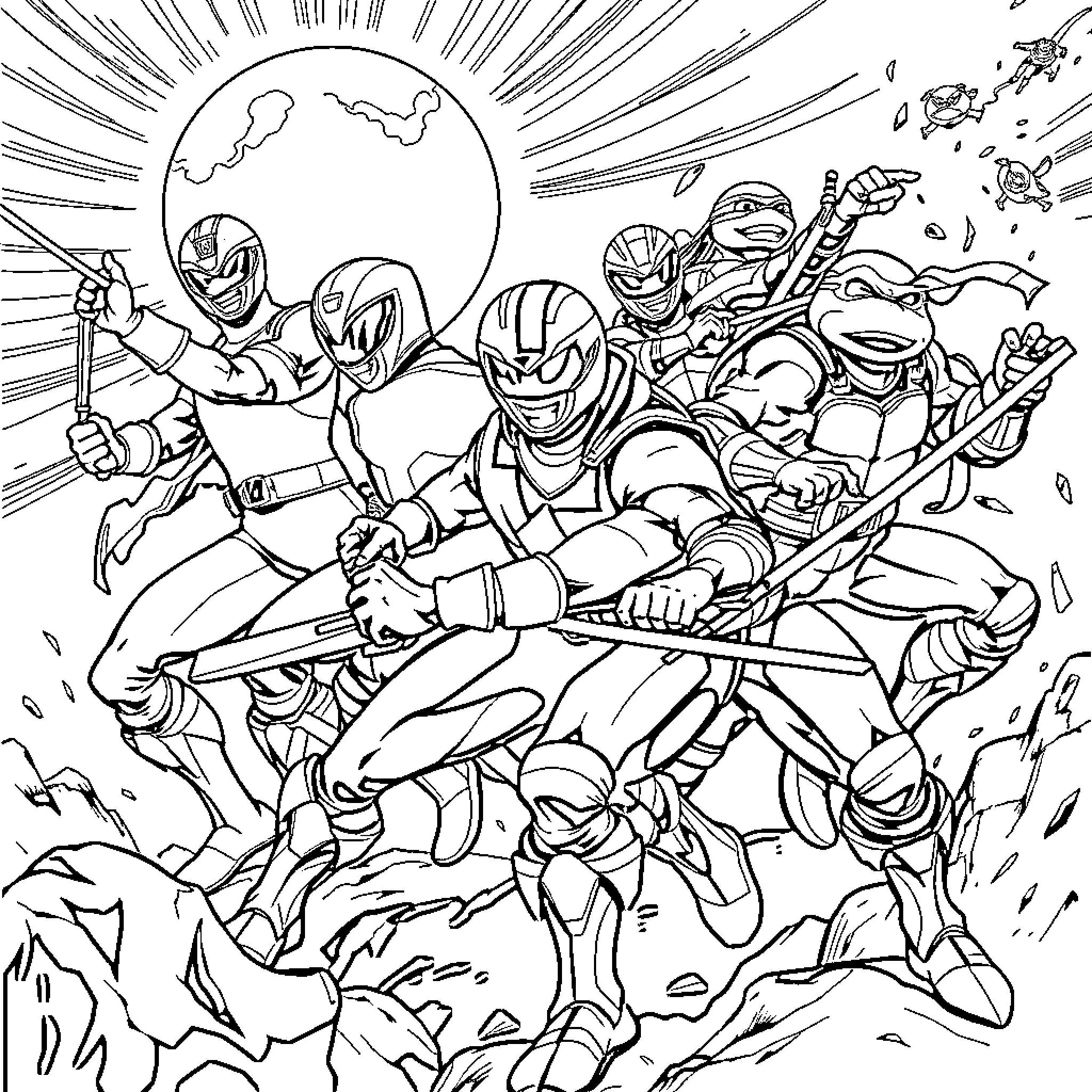 Power Rangers Assemble for Heroic Battle Coloring Page (free black-and-white line drawing printable PDF for all, from beginners to advanced learners, including children, teens, adults, and seniors)