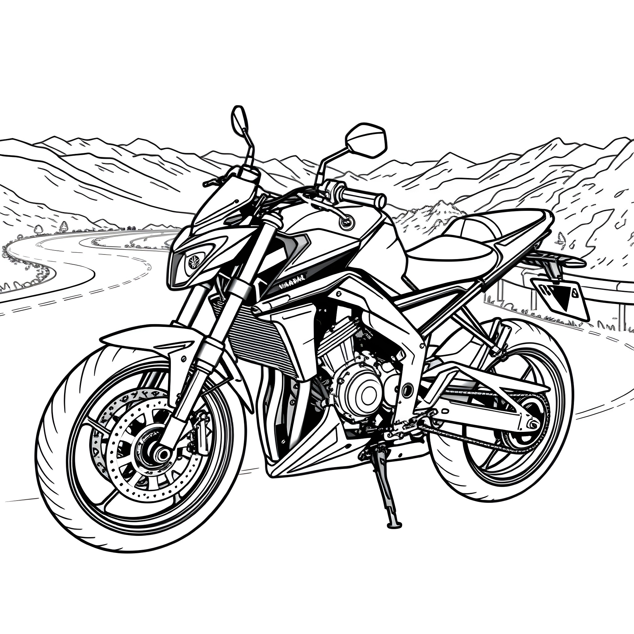 Yamaha FZ1 speeding through scenic mountain road Coloring Page (free black-and-white line drawing printable PDF for all, from beginners to advanced learners, including children, teens, adults, and seniors)