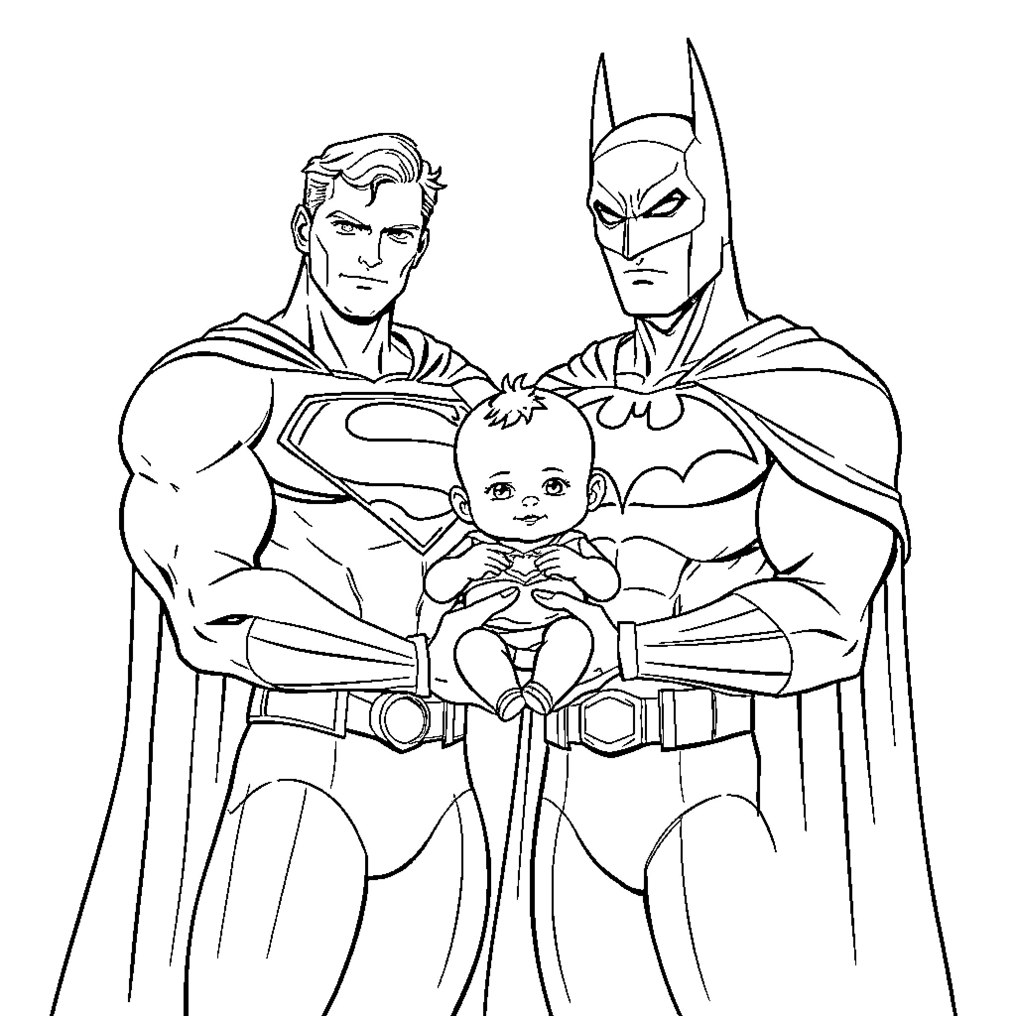 Superman and Batman protecting a baby together Coloring Page (free black-and-white line drawing printable PDF for all, from beginners to advanced learners, including children, teens, adults, and seniors)