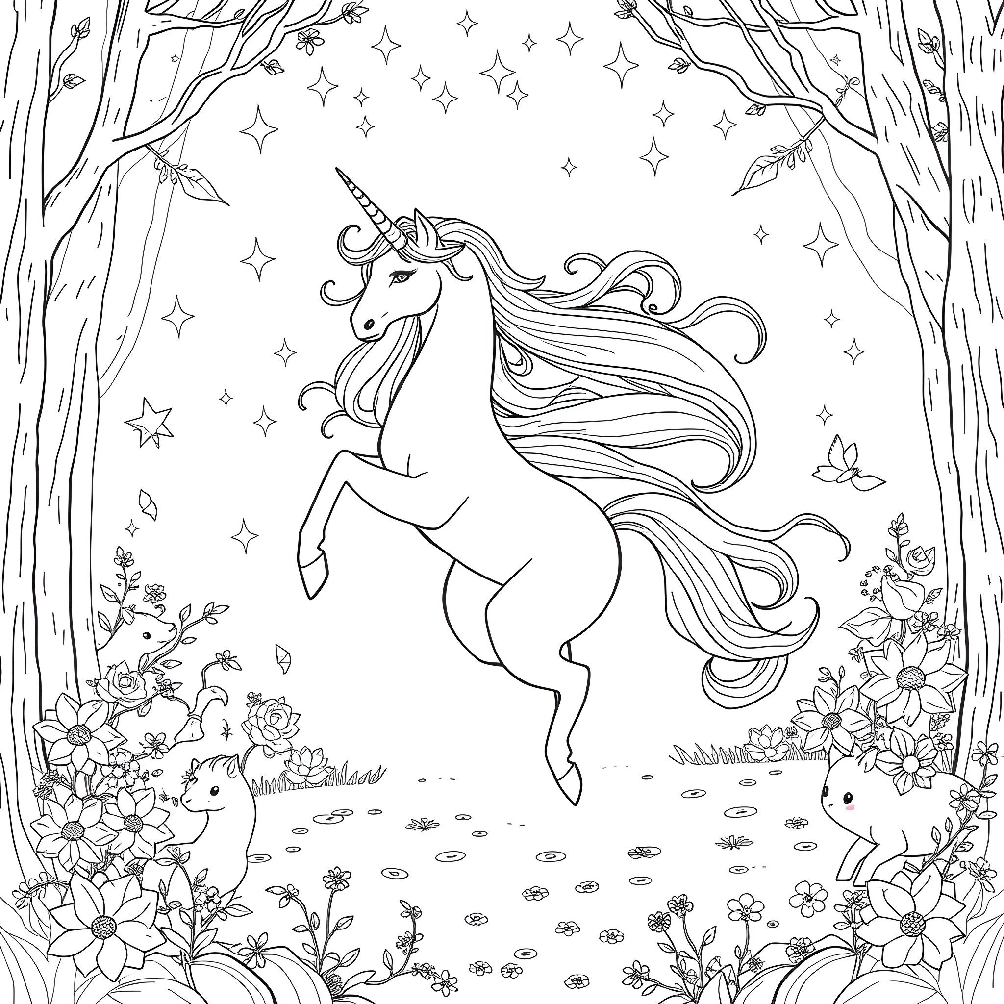 Unicorn galloping amidst enchanting forest with sparkling stars Coloring Page (free black-and-white line drawing printable PDF for all, from beginners to advanced learners, including children, teens, adults, and seniors)