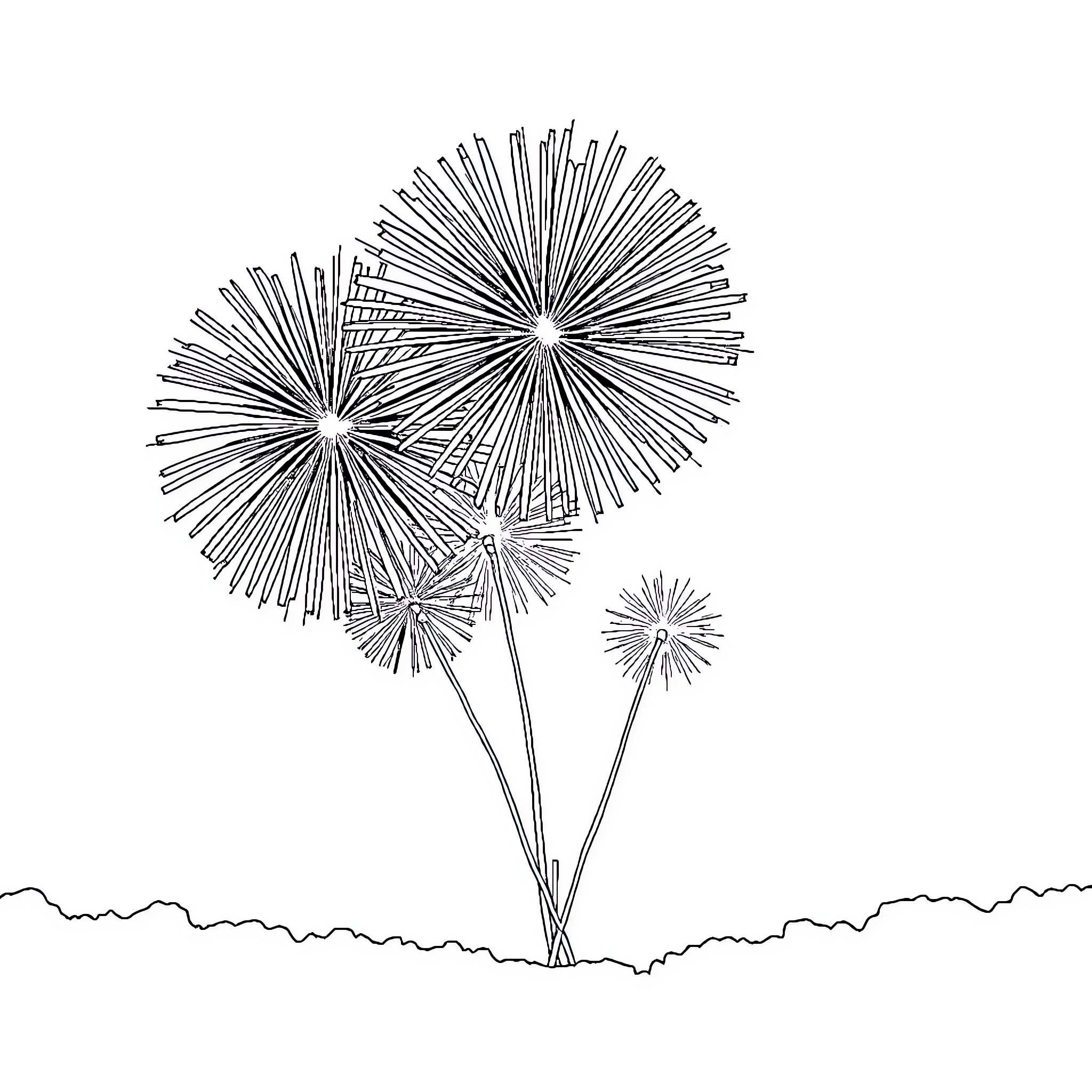 Firework Display of Exploding Shapes in the Sky Coloring Page (free black-and-white line drawing printable PDF for all, from beginners to advanced learners, including children, teens, adults, and seniors)