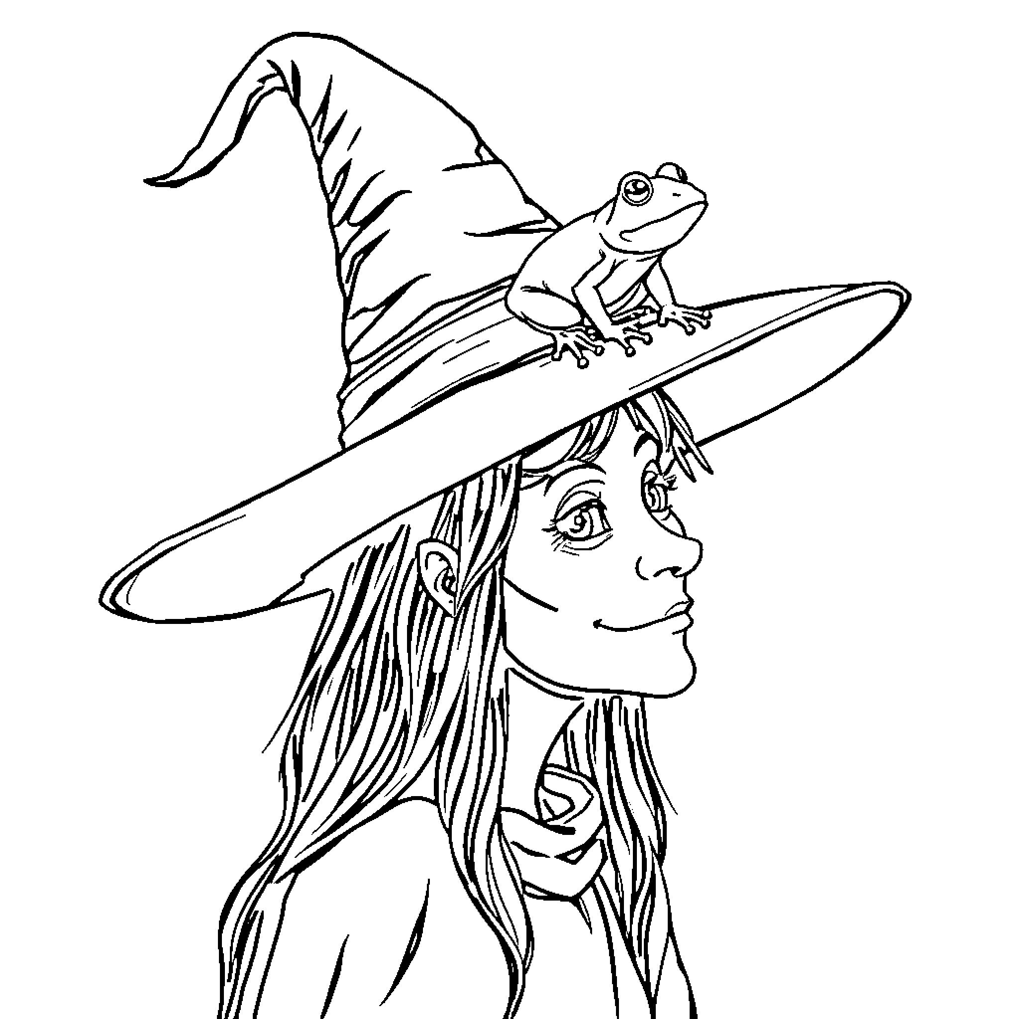 Witch with a Whimsical Frog Companion Coloring Page (free black-and-white line drawing printable PDF for all, from beginners to advanced learners, including children, teens, adults, and seniors)