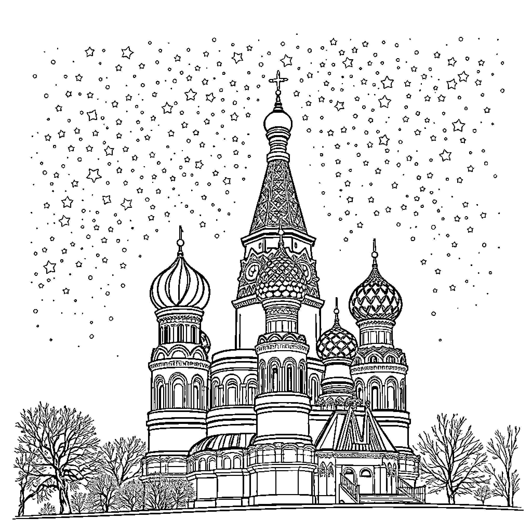 St. Basil's Cathedral under the snowy night sky Coloring Page (free black-and-white line drawing printable PDF for all, from beginners to advanced learners, including children, teens, adults, and seniors)
