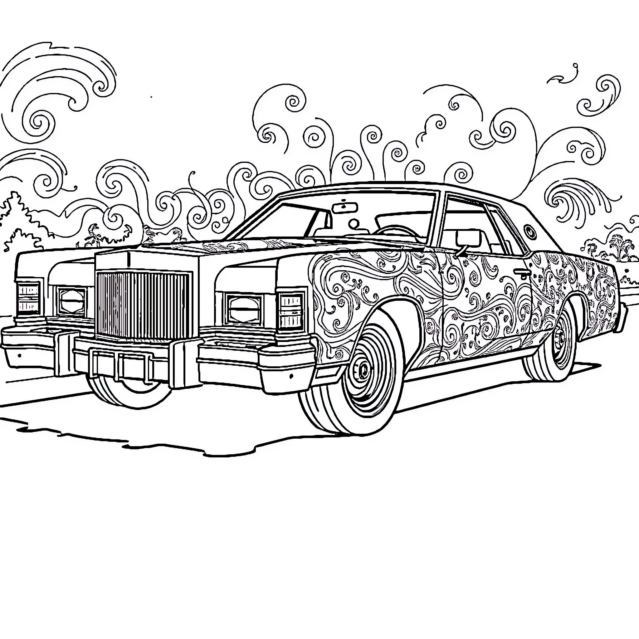 Lincoln's Ornate Vintage Automobile Coloring Page (free black-and-white line drawing printable PDF for all, from beginners to advanced learners, including children, teens, adults, and seniors)