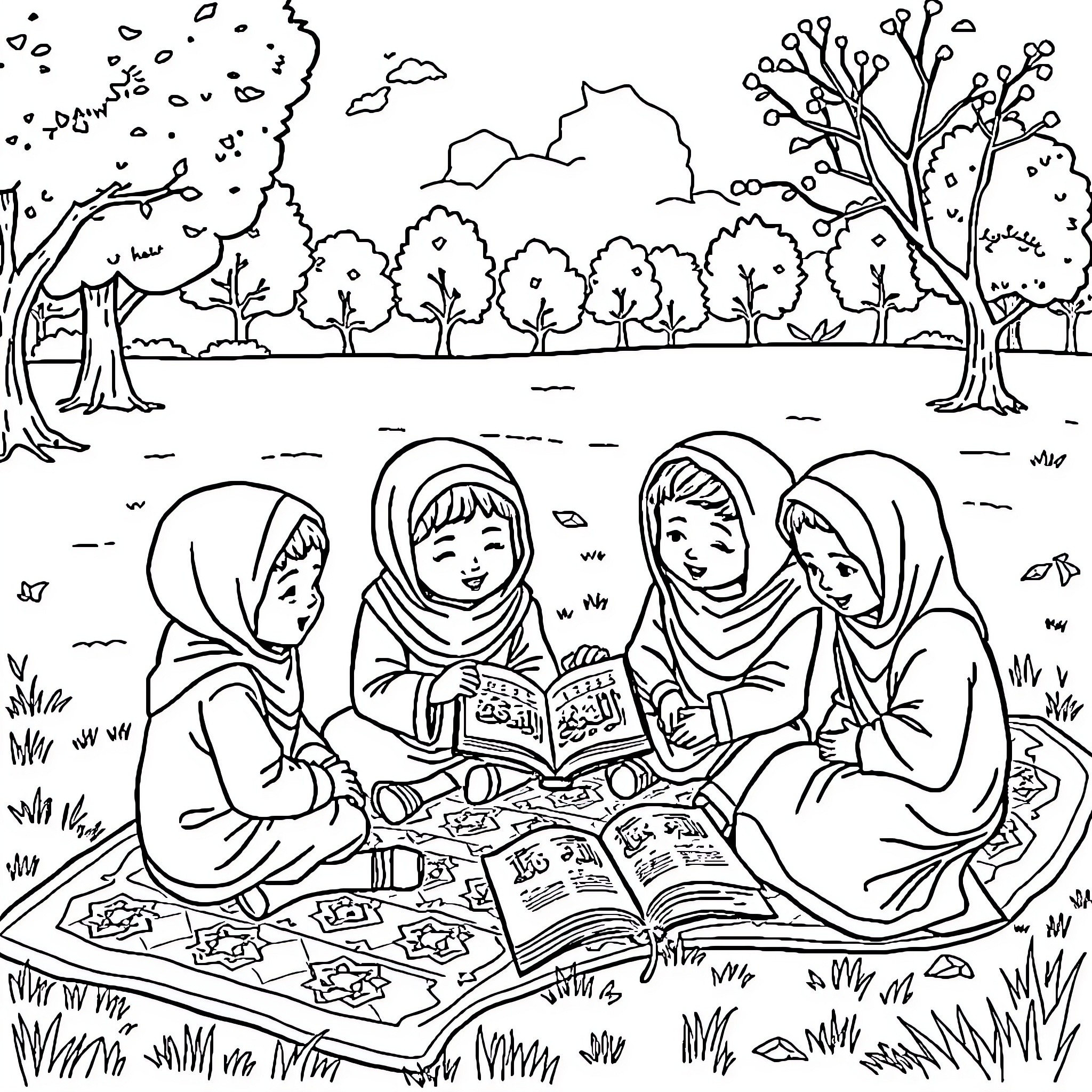 Kid Learning Together in the Park Coloring Page (free black-and-white line drawing printable PDF for all, from beginners to advanced learners, including children, teens, adults, and seniors)