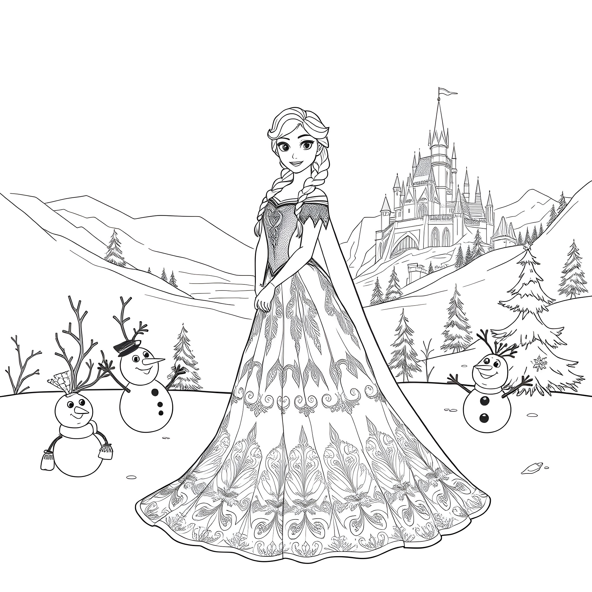 Anna's Frozen Wonderland with Snowmen Coloring Page (free black-and-white line drawing printable PDF for all, from beginners to advanced learners, including children, teens, adults, and seniors)