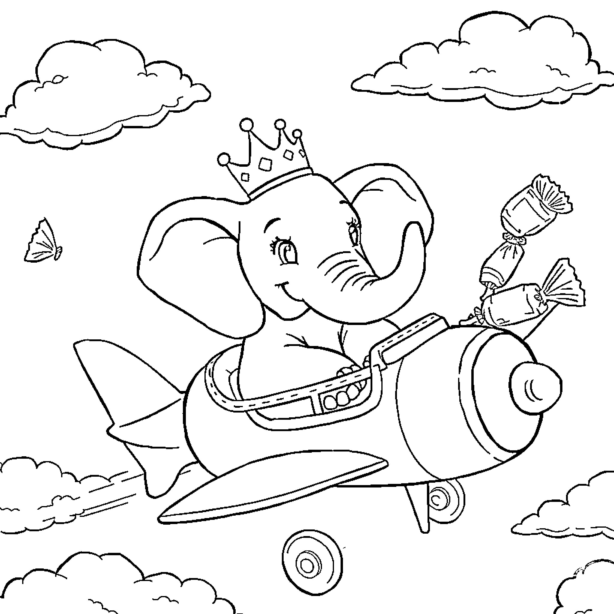 Elephant flying an airplane with candies Coloring Page (free black-and-white line drawing printable PDF for all, from beginners to advanced learners, including children, teens, adults, and seniors)