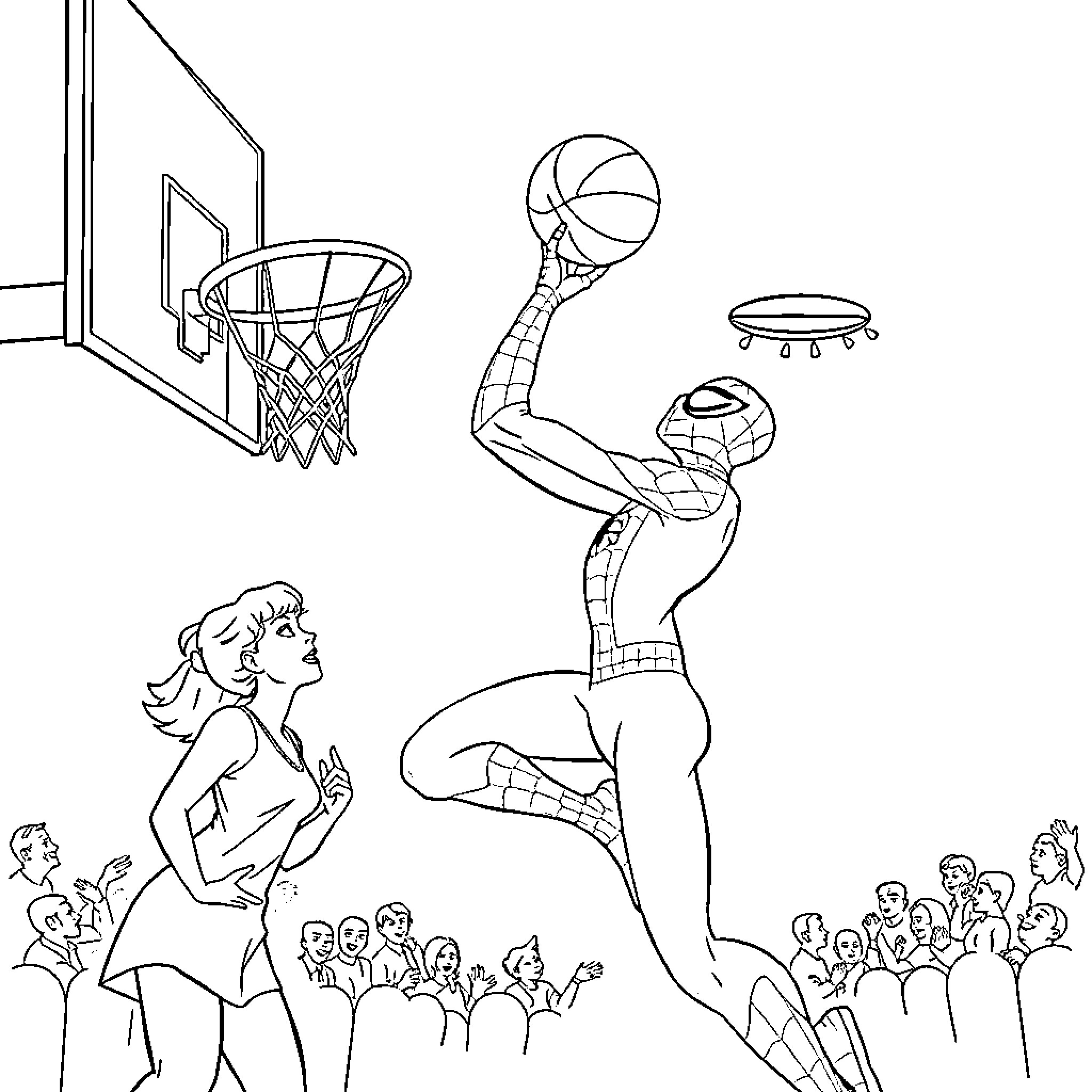 Spider-Man Dunking on a Basketball Hoop Coloring Page (free black-and-white line drawing printable PDF for all, from beginners to advanced learners, including children, teens, adults, and seniors)
