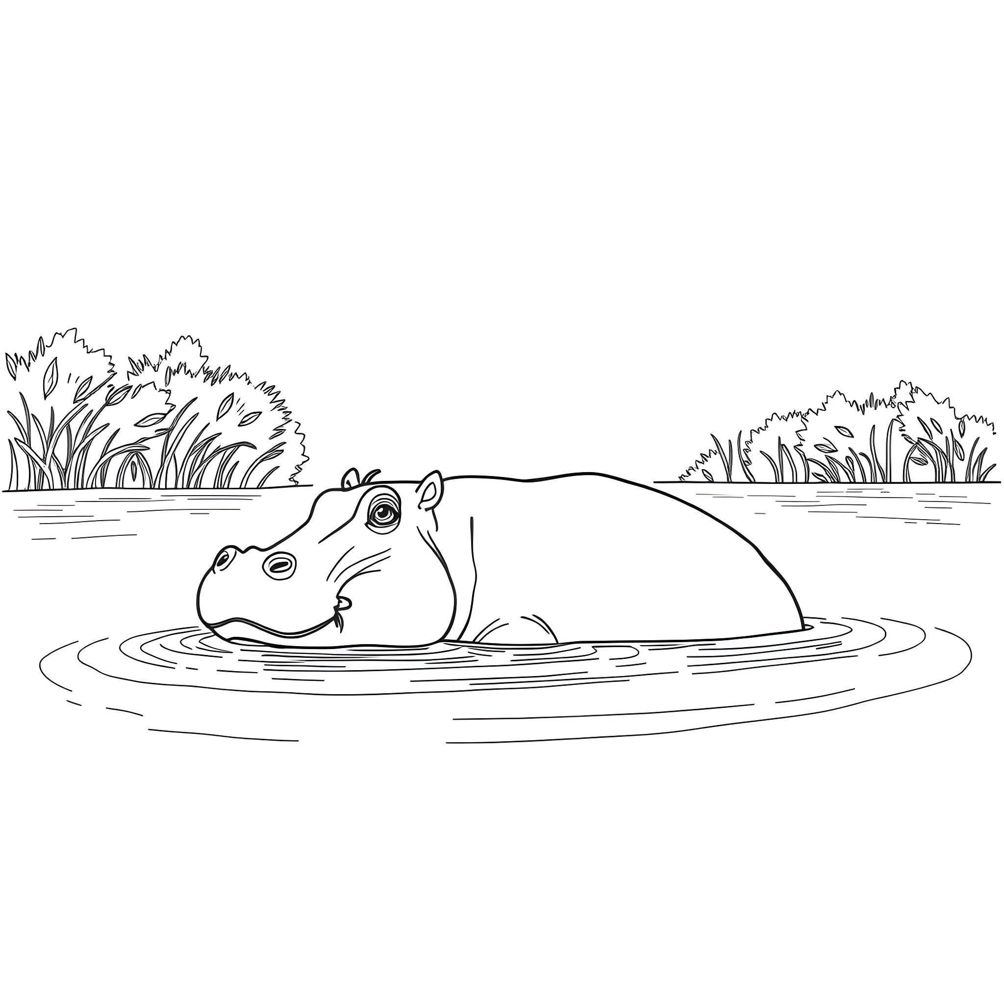 Hippopotamus relaxing in the water Coloring Page (free black-and-white line drawing printable PDF for all, from beginners to advanced learners, including children, teens, adults, and seniors)