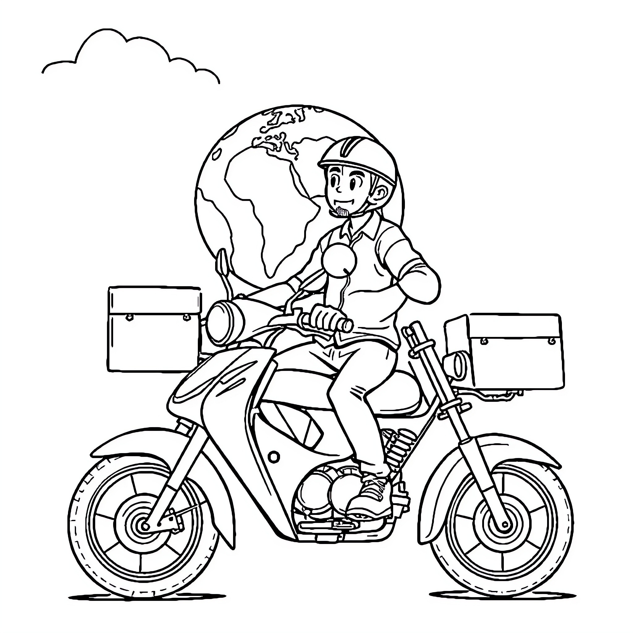 Globo Worker Riding Scooter Around World Coloring Page (free black-and-white line drawing printable PDF for all, from beginners to advanced learners, including children, teens, adults, and seniors)
