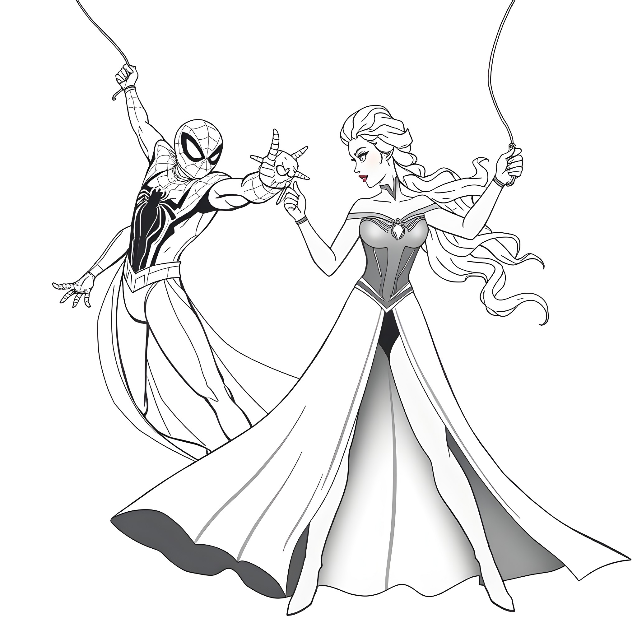 Elsa and Spider-Man dancing together elegantly Coloring Page (free black-and-white line drawing printable PDF for all, from beginners to advanced learners, including children, teens, adults, and seniors)