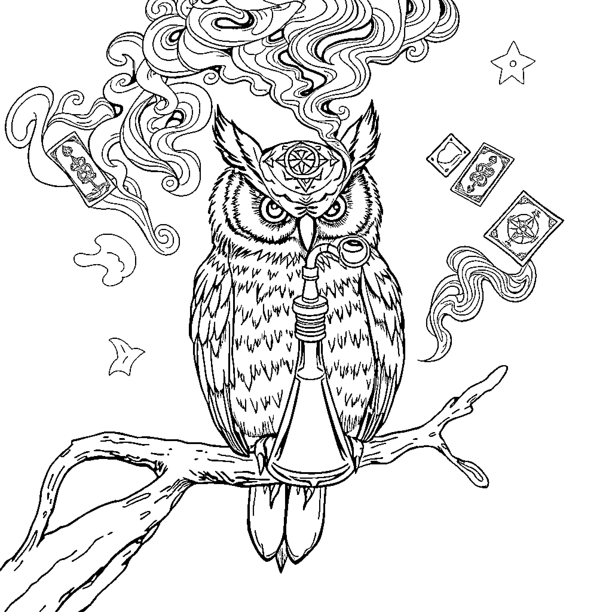 Owl with Magical Symbols and Swirling Designs Coloring Page (free black-and-white line drawing printable PDF for all, from beginners to advanced learners, including children, teens, adults, and seniors)