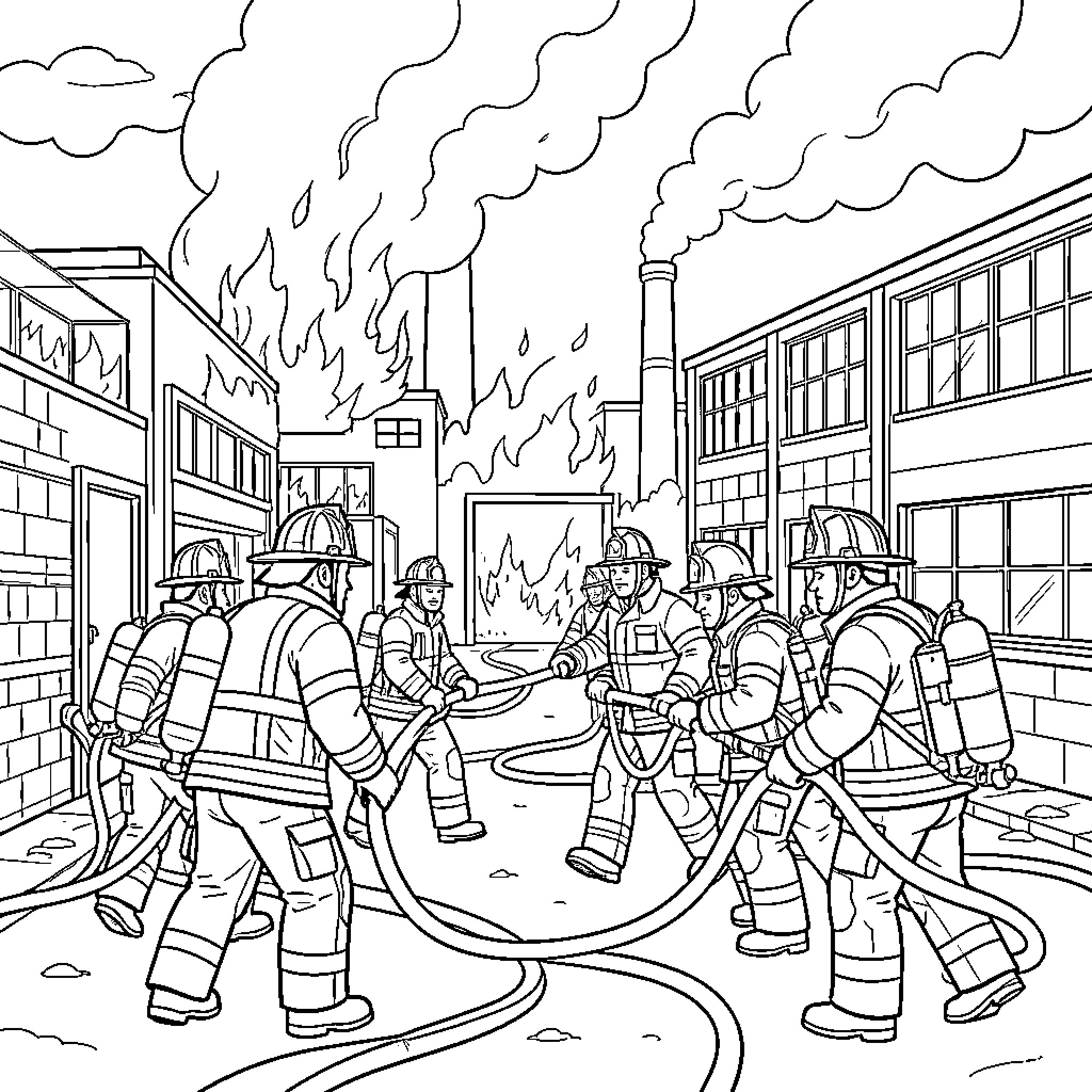 Firefighters working together to extinguish a building fire Coloring Page (free black-and-white line drawing printable PDF for all, from beginners to advanced learners, including children, teens, adults, and seniors)