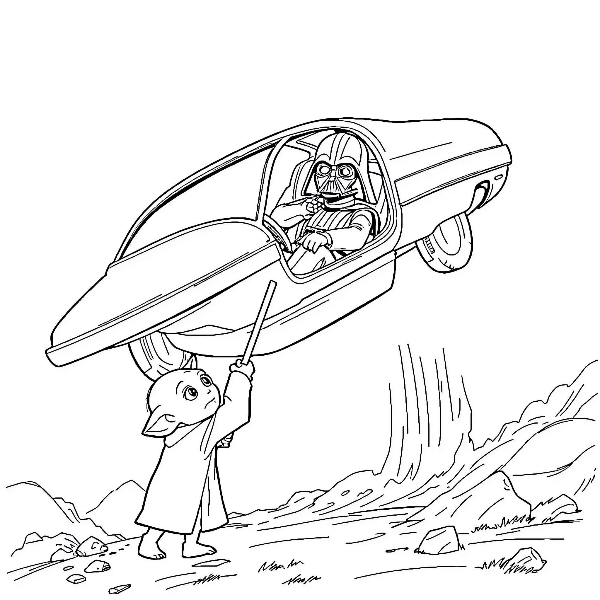 Yoda riding a futuristic vehicle Coloring Page (free black-and-white line drawing printable PDF for all, from beginners to advanced learners, including children, teens, adults, and seniors)