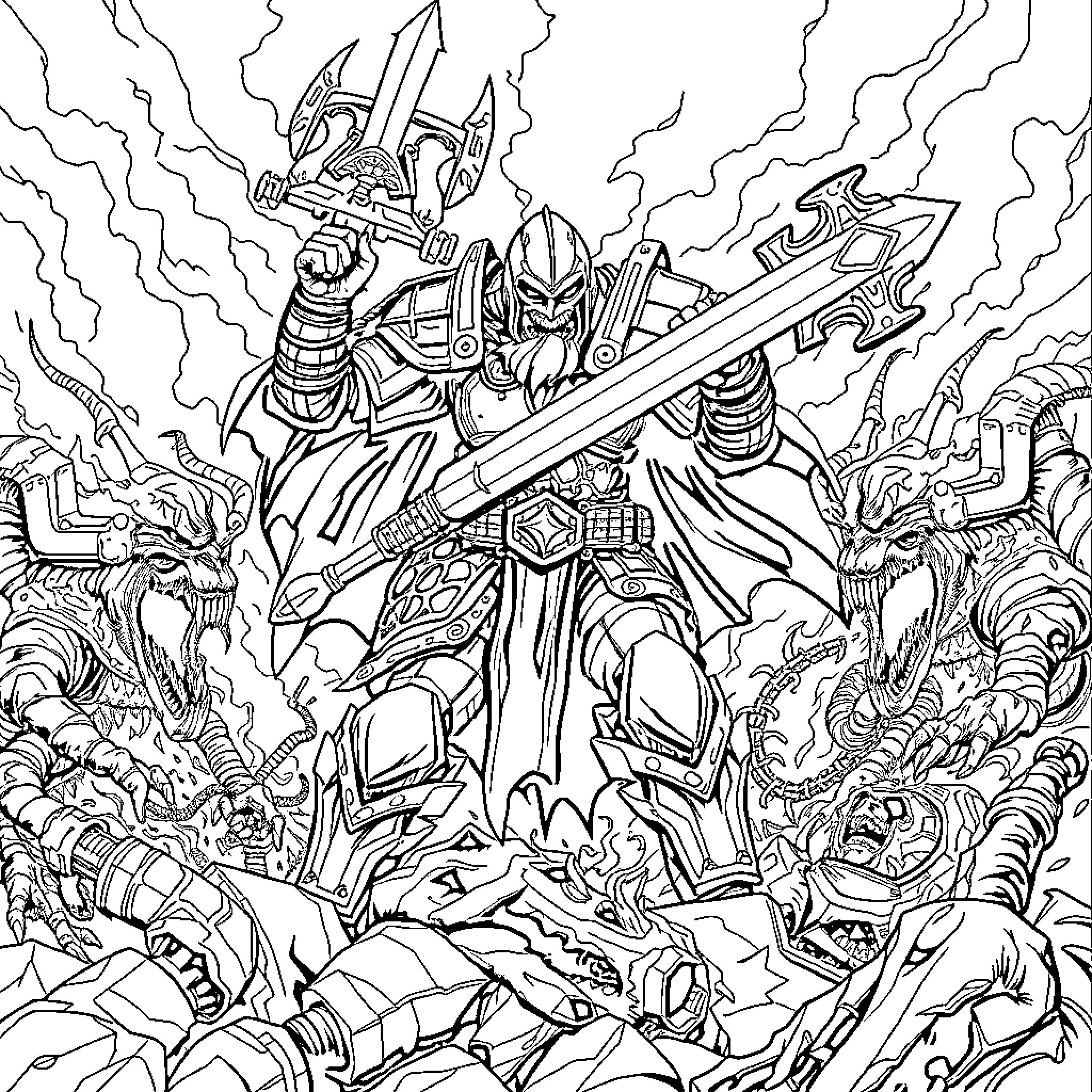 Doom Slayer battling fierce demons in an epic clash Coloring Page (free black-and-white line drawing printable PDF for all, from beginners to advanced learners, including children, teens, adults, and seniors)