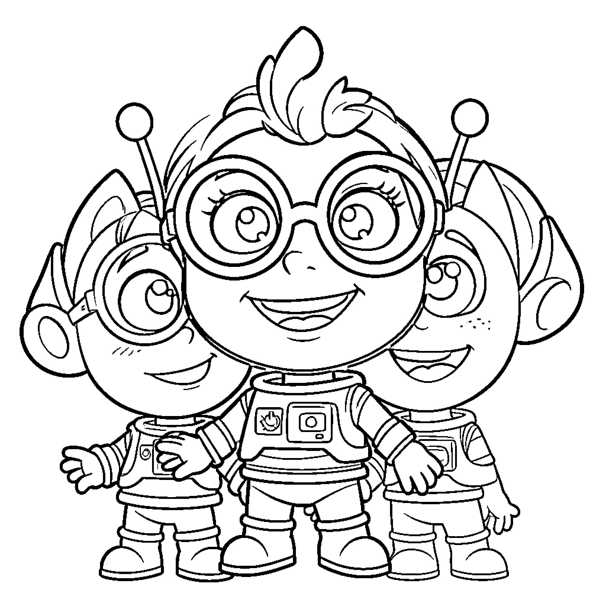 Martian Trio in Comical Outfits Coloring Page (free black-and-white line drawing printable PDF for all, from beginners to advanced learners, including children, teens, adults, and seniors)