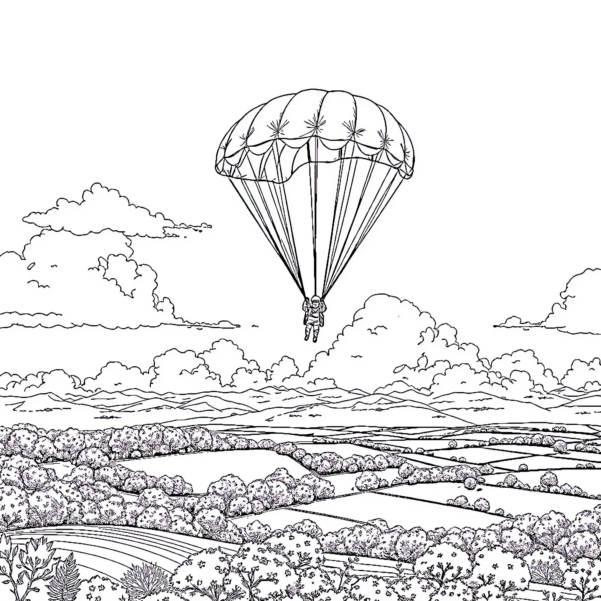 Parachutist gliding over scenic countryside Coloring Page (free black-and-white line drawing printable PDF for all, from beginners to advanced learners, including children, teens, adults, and seniors)