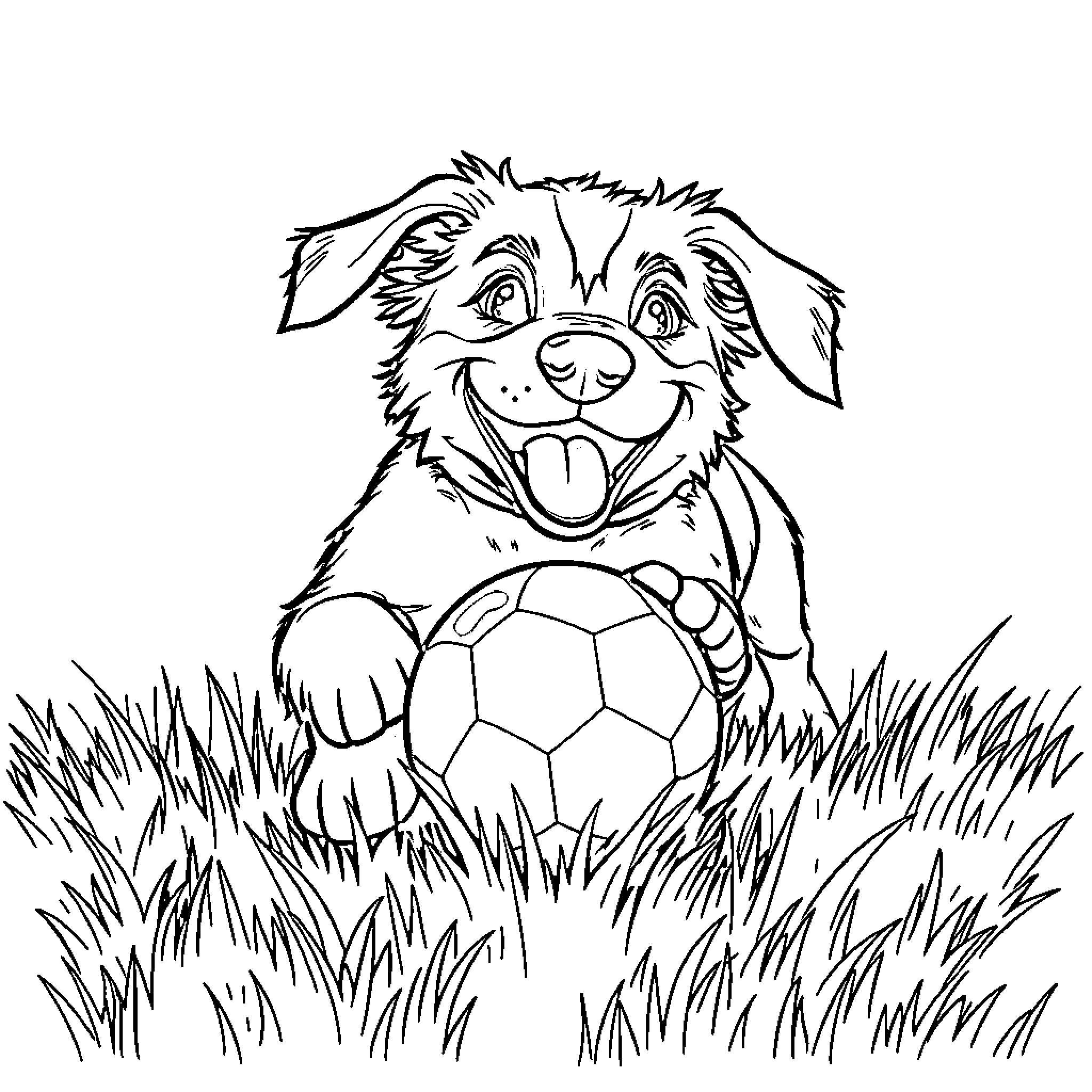 Dog playing joyfully with soccer ball in the grass Coloring Page (free black-and-white line drawing printable PDF for all, from beginners to advanced learners, including children, teens, adults, and seniors)