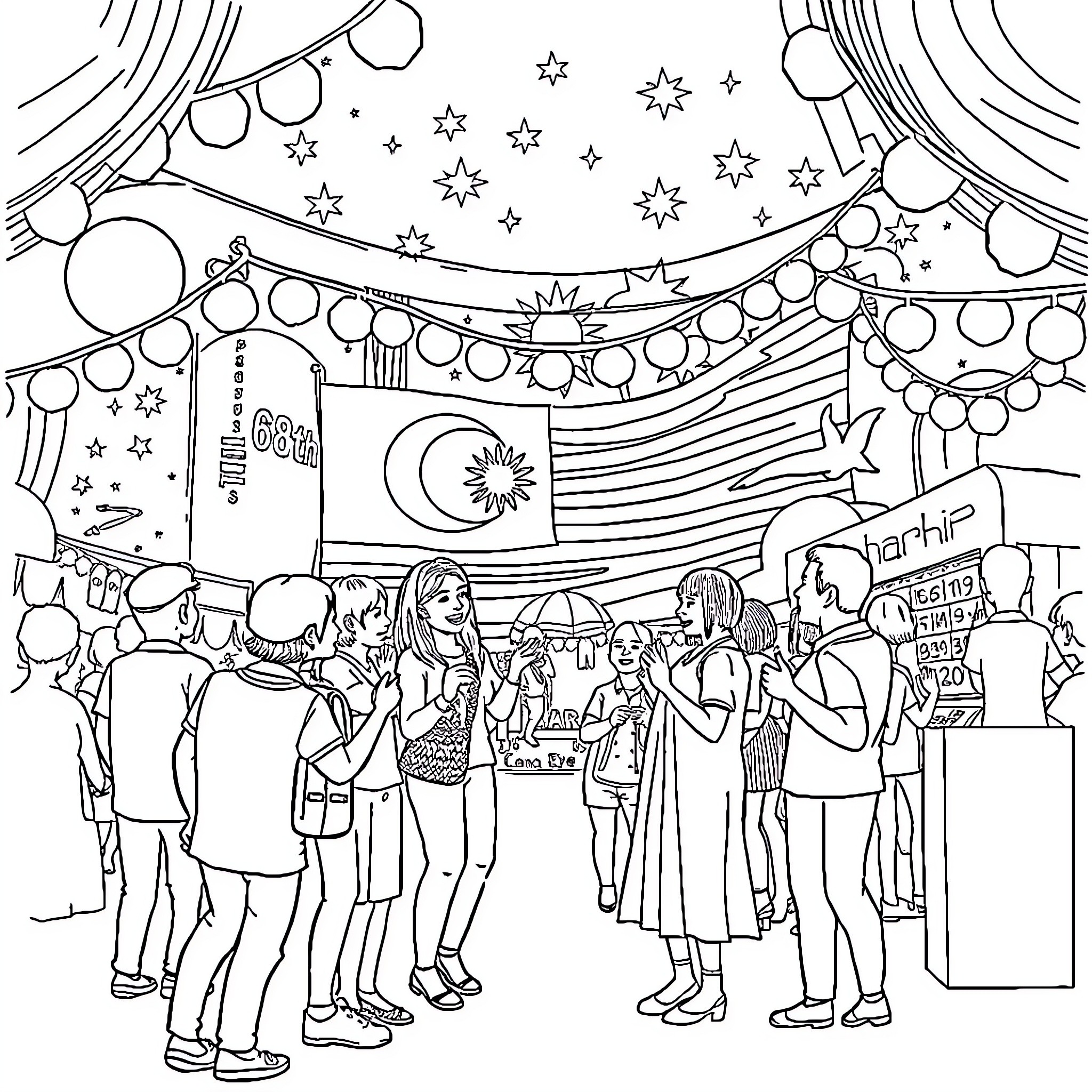 Malaysia Night Market Celebration with Festive Decorations Coloring Page (free black-and-white line drawing printable PDF for all, from beginners to advanced learners, including children, teens, adults, and seniors)