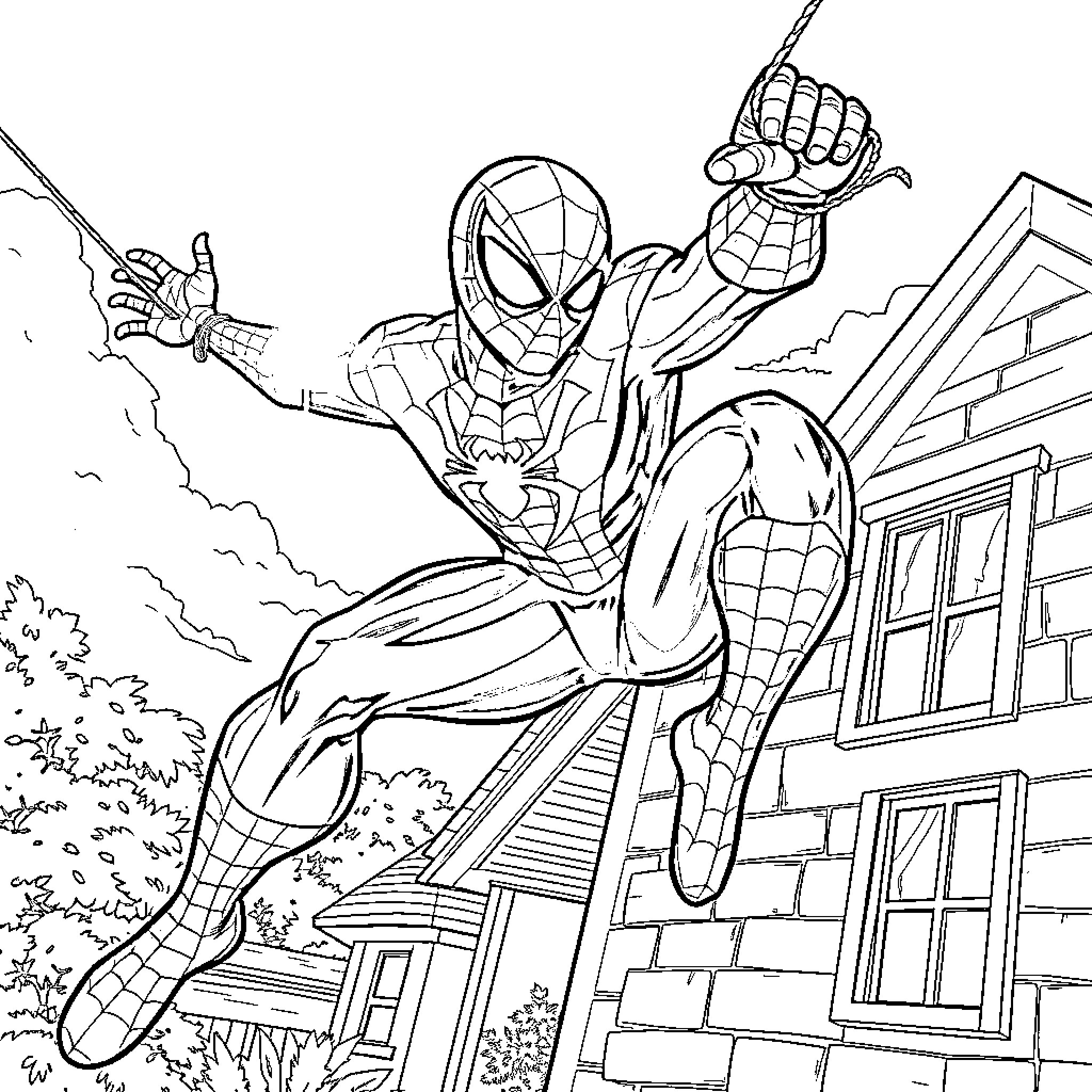 Spider-Man swinging through the city streets Coloring Page (free black-and-white line drawing printable PDF for all, from beginners to advanced learners, including children, teens, adults, and seniors)