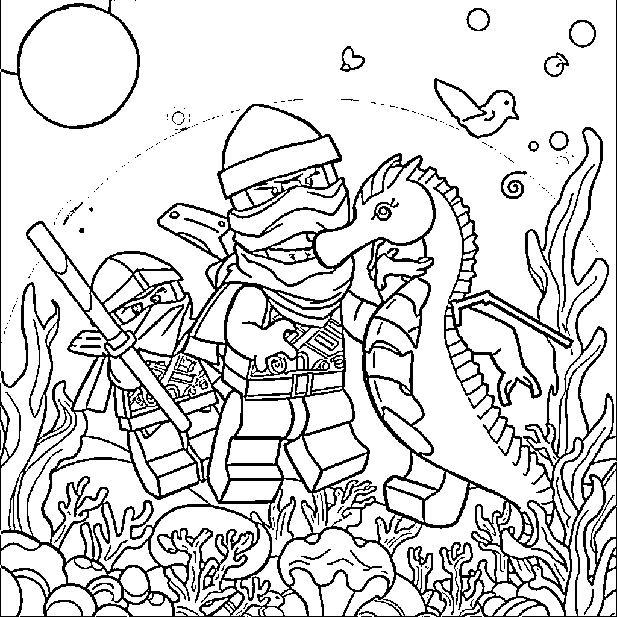 Seahorse warrior exploring the underwater world Coloring Page (free black-and-white line drawing printable PDF for all, from beginners to advanced learners, including children, teens, adults, and seniors)