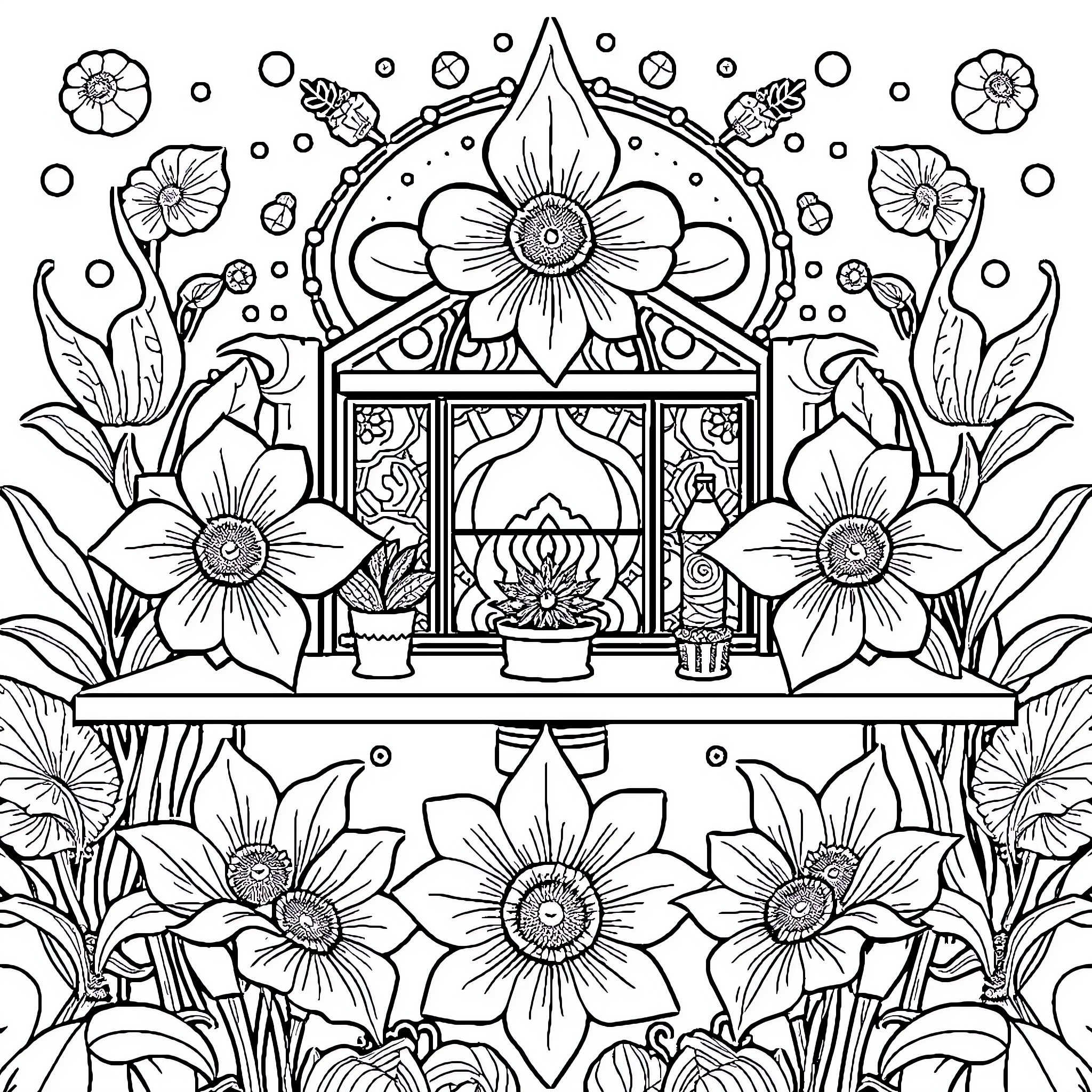 Hueforge: Floral Sanctuary Coloring Page (free black-and-white line drawing printable PDF for all, from beginners to advanced learners, including children, teens, adults, and seniors)