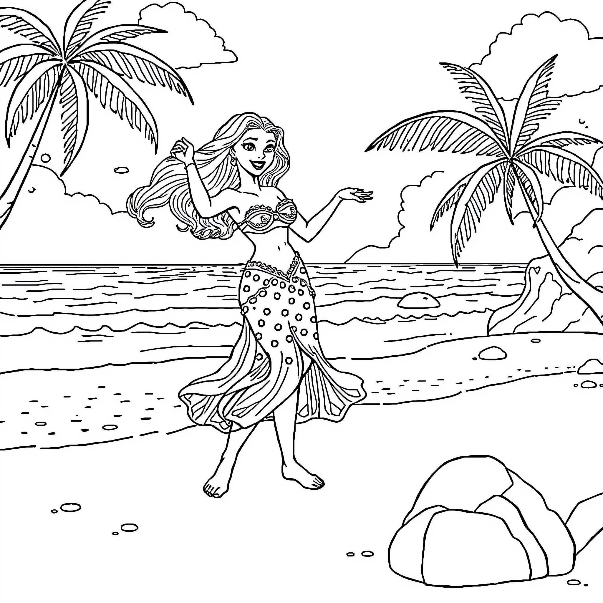 Vaiana exploring the tropical beach Coloring Page (free black-and-white line drawing printable PDF for all, from beginners to advanced learners, including children, teens, adults, and seniors)