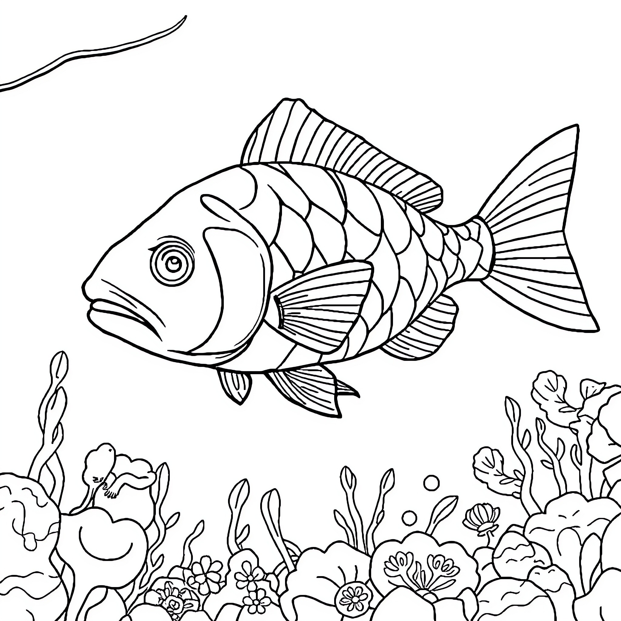 Sea Animal swimming amid coral reef Coloring Page (free black-and-white line drawing printable PDF for all, from beginners to advanced learners, including children, teens, adults, and seniors)