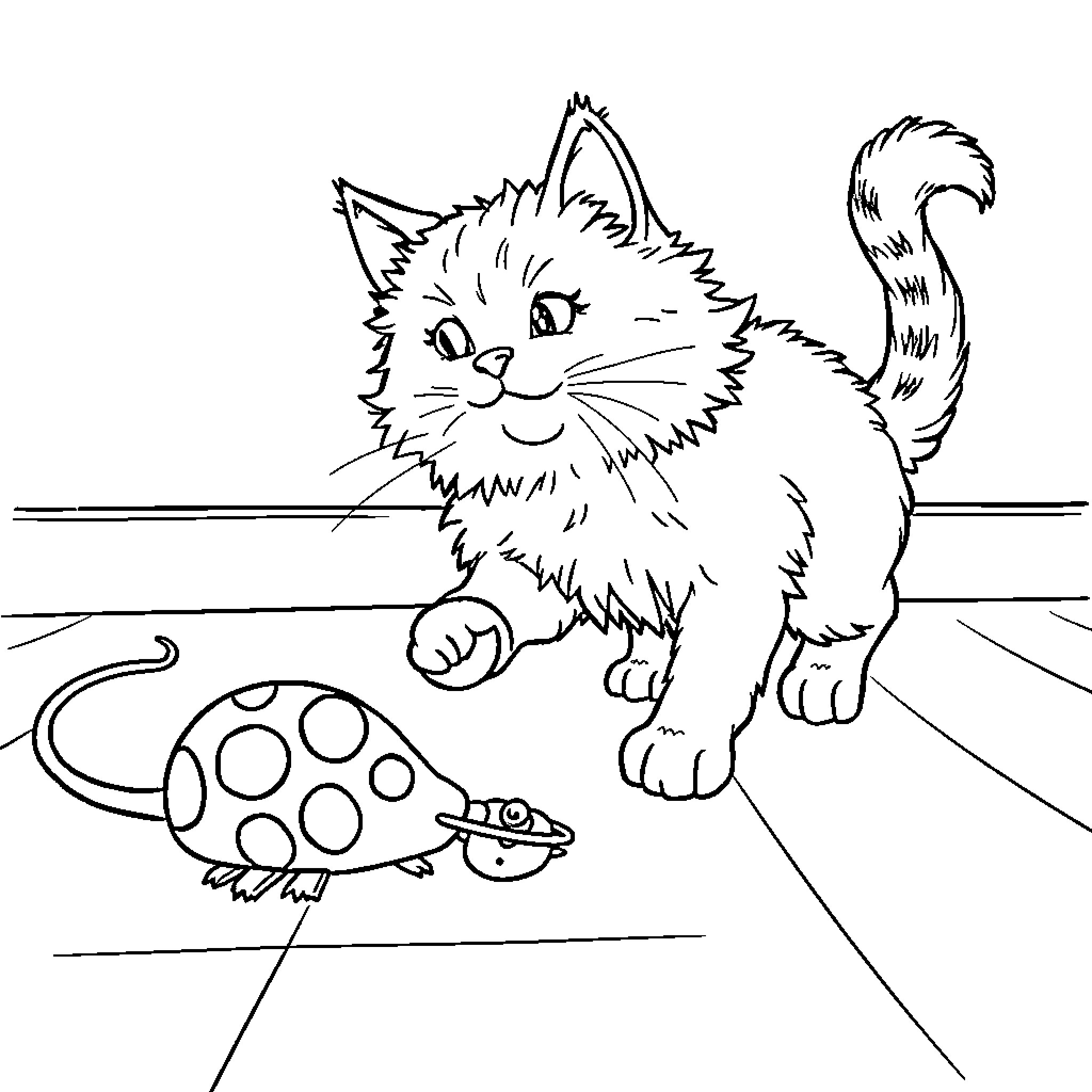 Cat playfully observing a ladybug Coloring Page (free black-and-white line drawing printable PDF for all, from beginners to advanced learners, including children, teens, adults, and seniors)