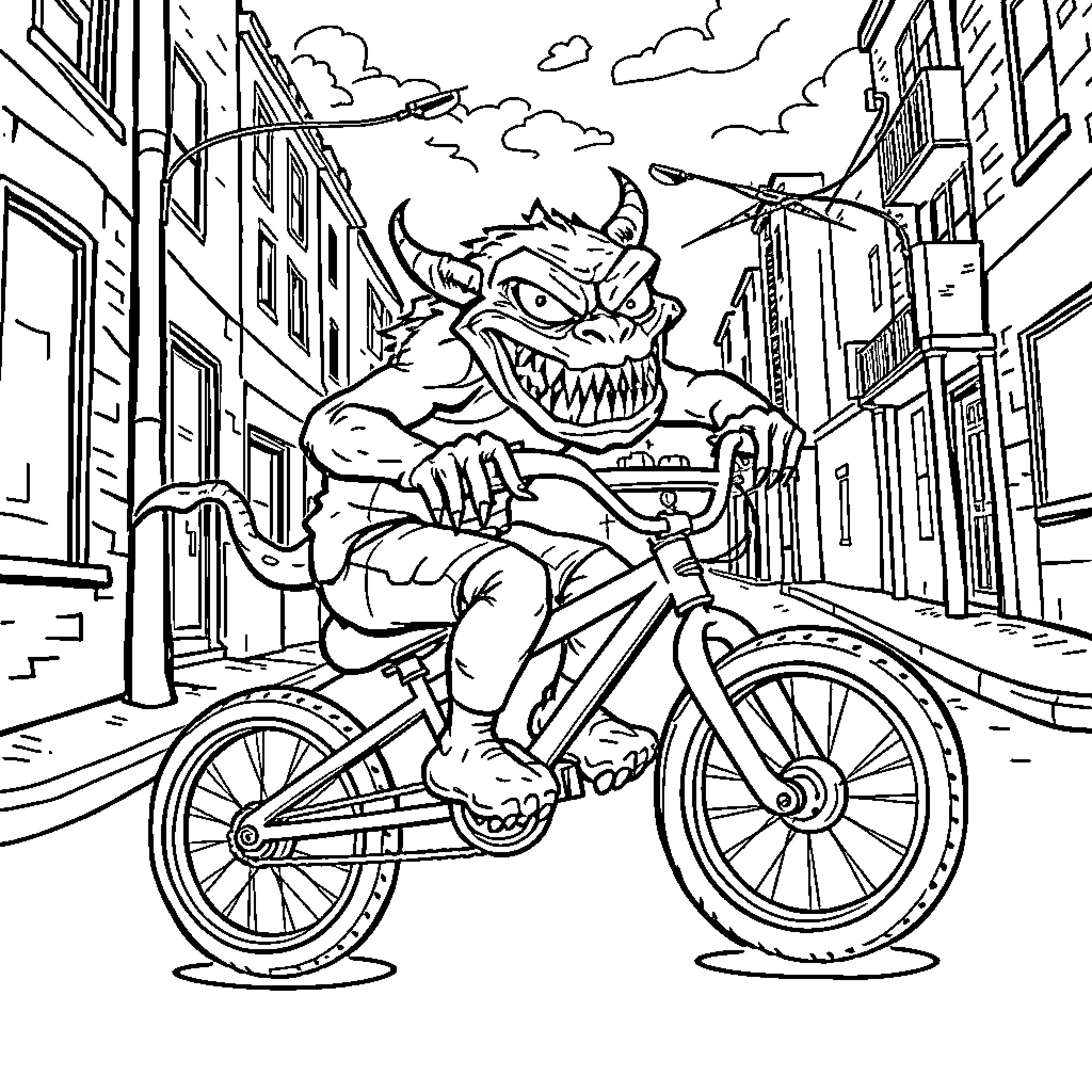 Monster chasing on a bicycle through the city streets Coloring Page (free black-and-white line drawing printable PDF for all, from beginners to advanced learners, including children, teens, adults, and seniors)