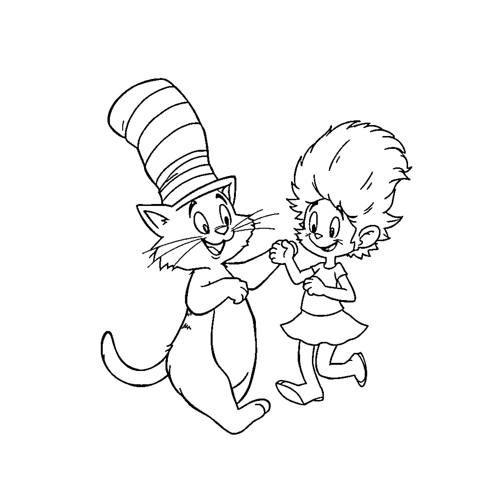 Cat in the Hat dancing with a young girl Coloring Page (free black-and-white line drawing printable PDF for all, from beginners to advanced learners, including children, teens, adults, and seniors)