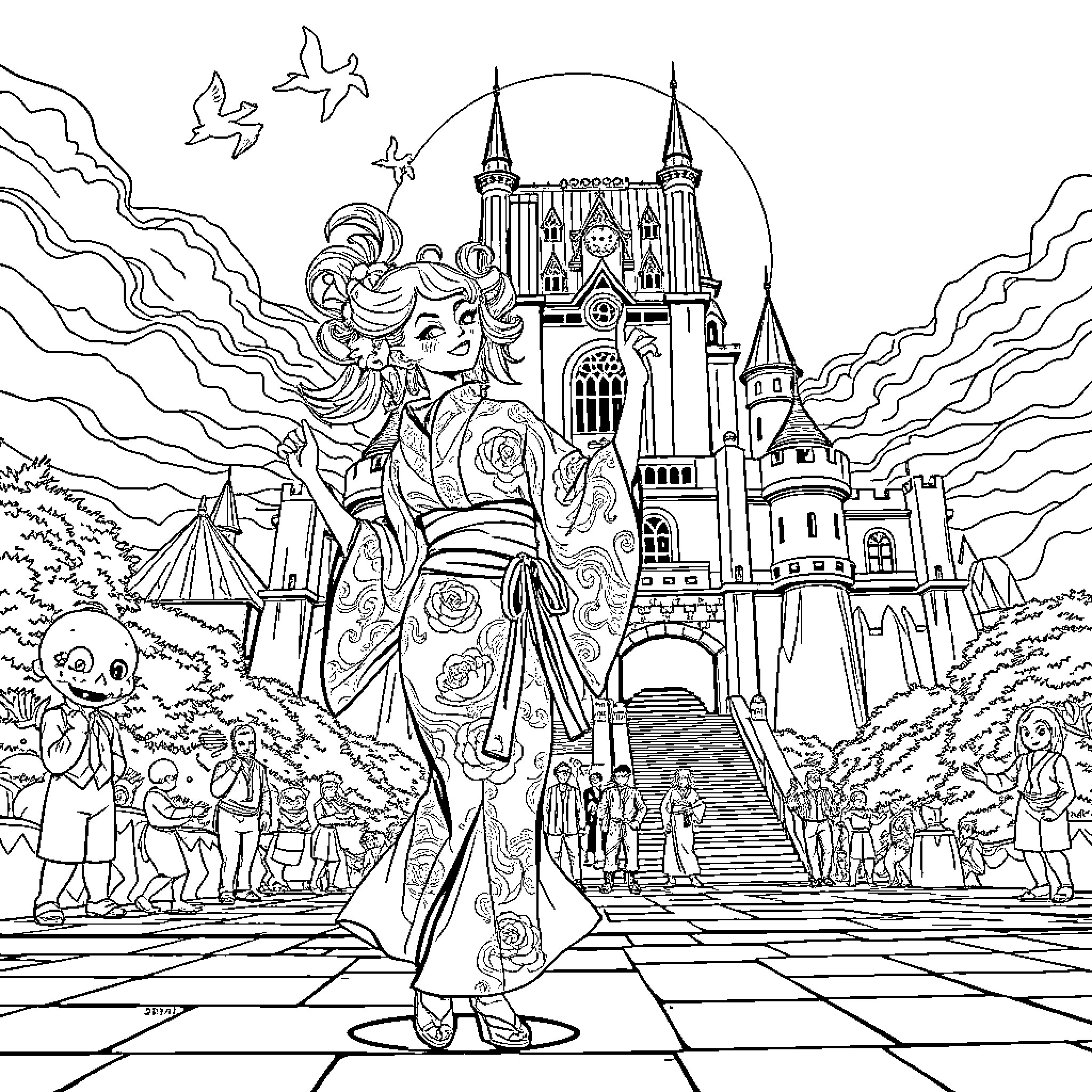 Lady Gaga's Enchanting Castle Exploration Coloring Page (free black-and-white line drawing printable PDF for all, from beginners to advanced learners, including children, teens, adults, and seniors)