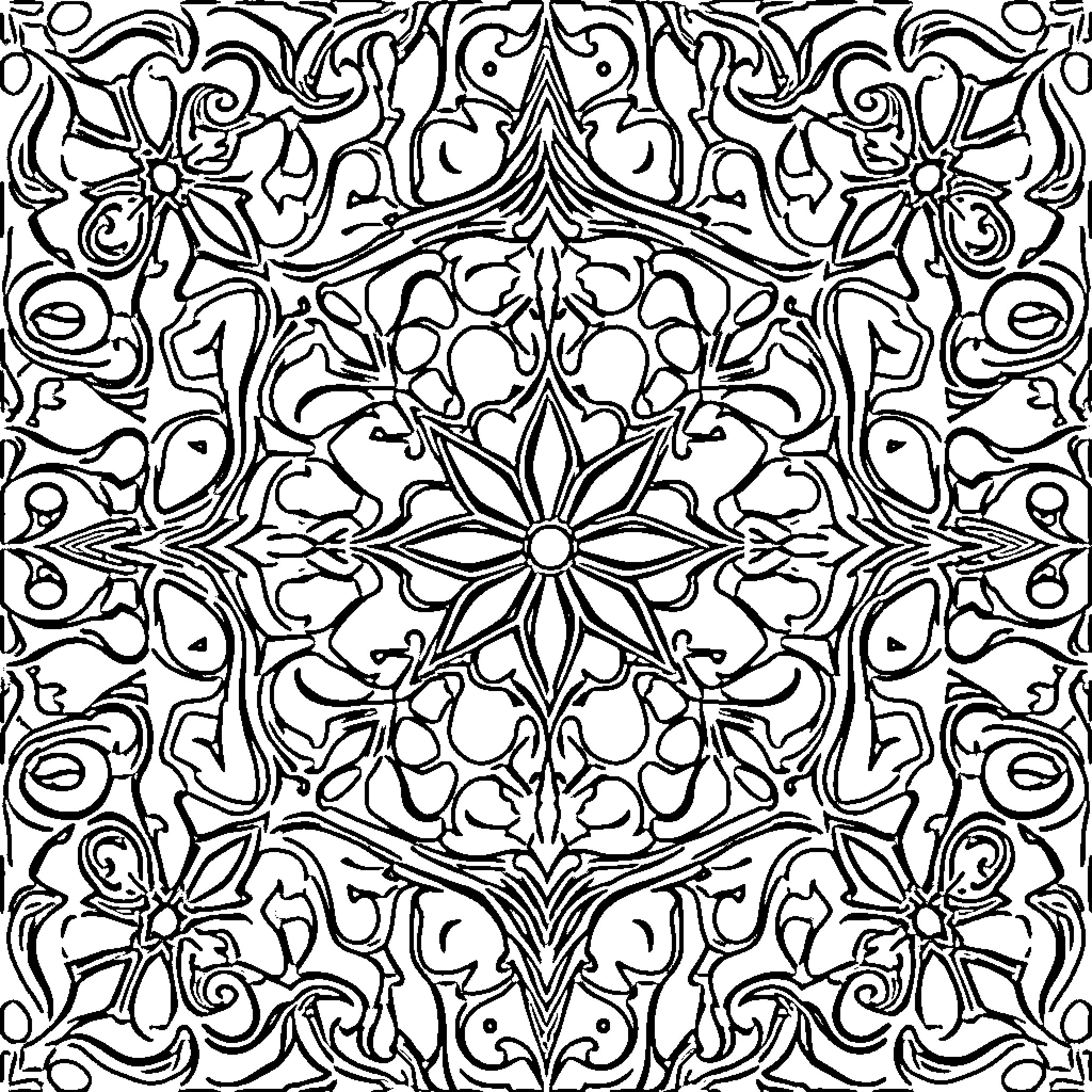 Tile of Intricate Floral Patterns Coloring Page (free black-and-white line drawing printable PDF for all, from beginners to advanced learners, including children, teens, adults, and seniors)