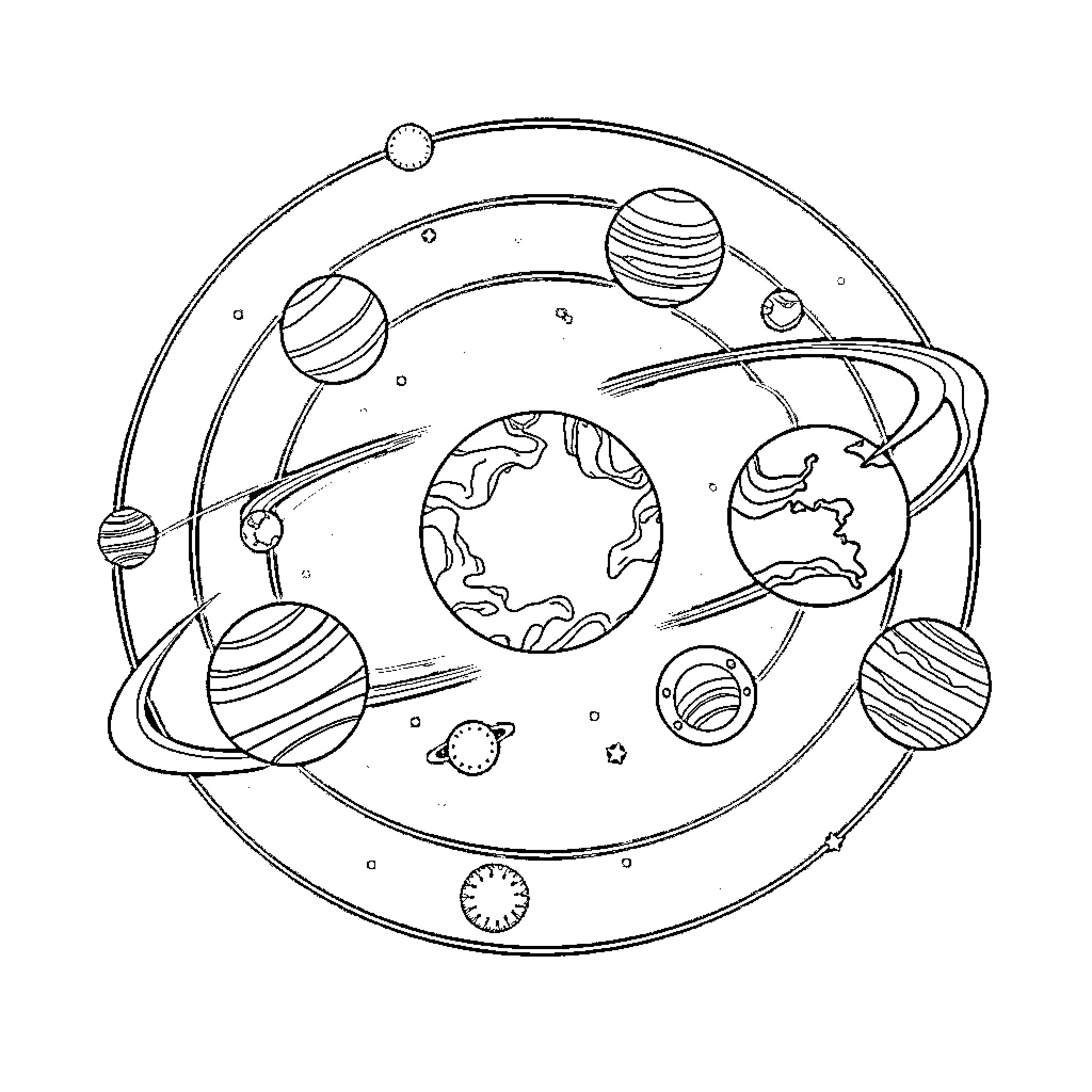 Planet Orbits and Celestial Bodies Coloring Page (free black-and-white line drawing printable PDF for all, from beginners to advanced learners, including children, teens, adults, and seniors)