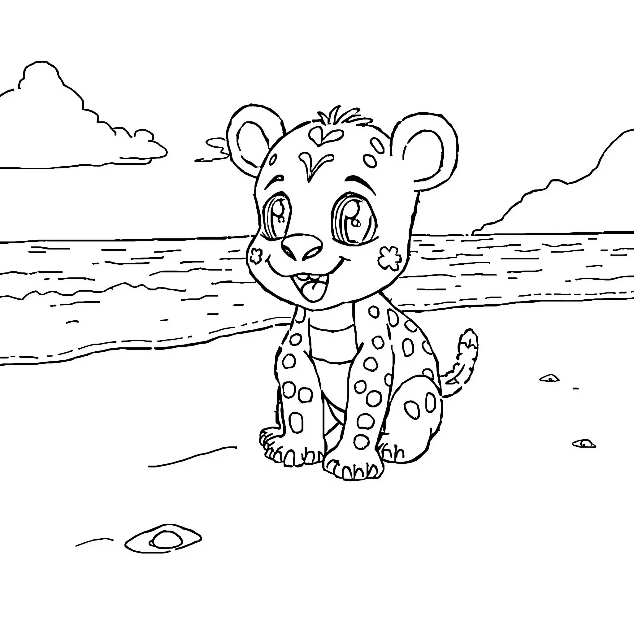 Labubu the Cheerful Spotted Animal by the Sea Coloring Page (free black-and-white line drawing printable PDF for all, from beginners to advanced learners, including children, teens, adults, and seniors)