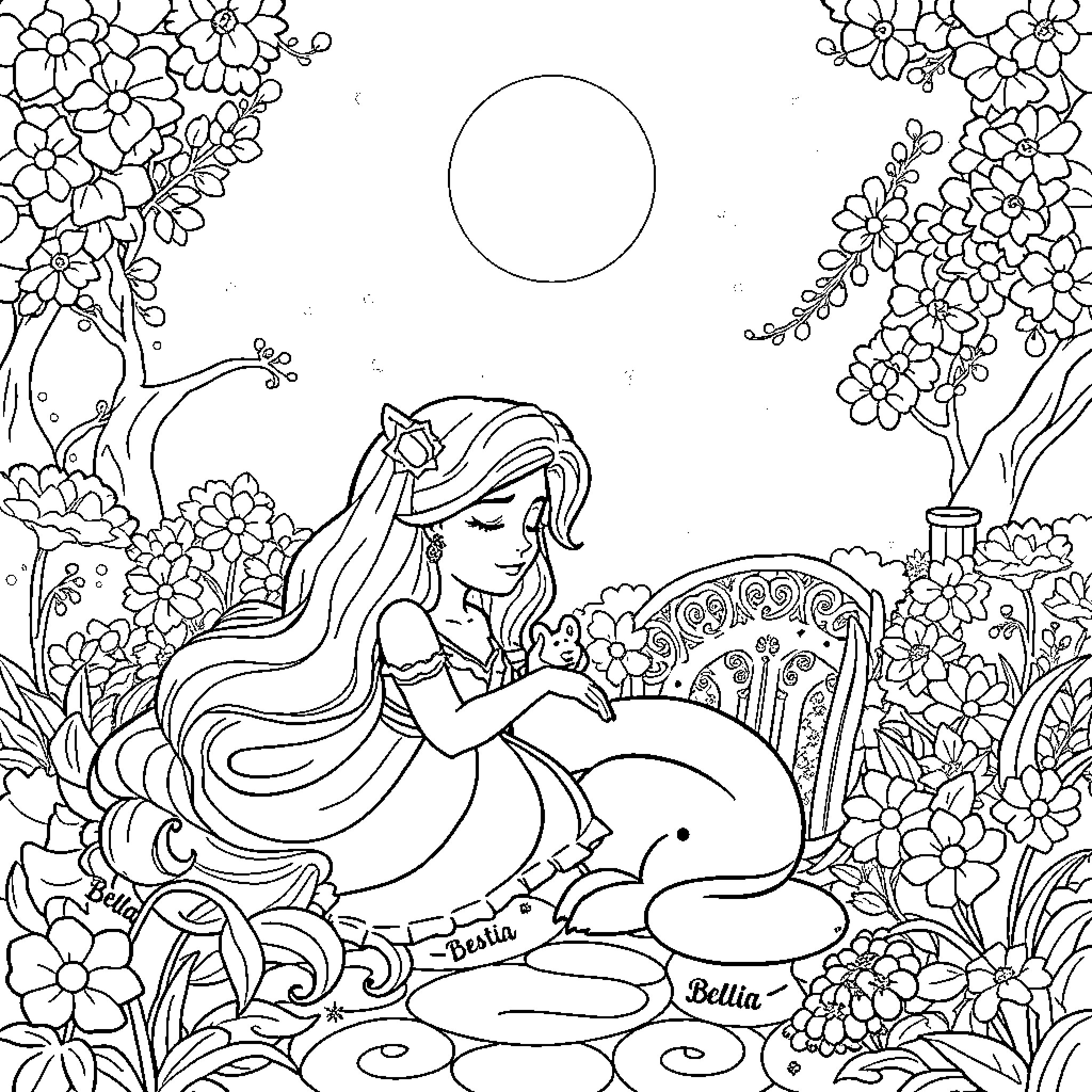 Bella's Enchanted Garden Adventure Coloring Page (free black-and-white line drawing printable PDF for all, from beginners to advanced learners, including children, teens, adults, and seniors)