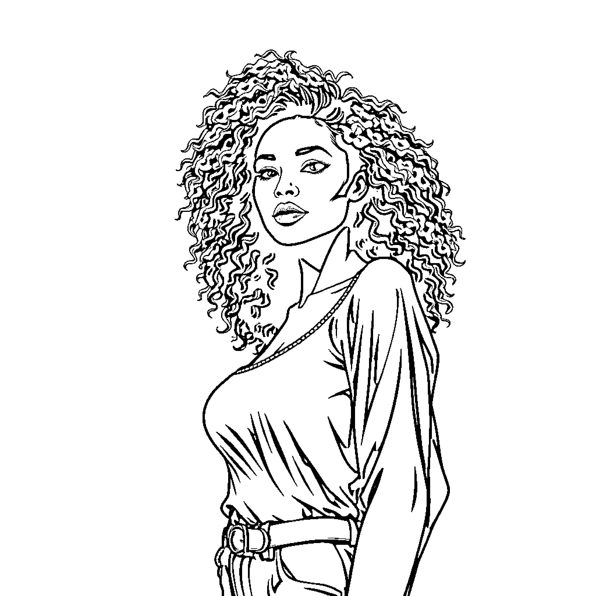 Woman with Curly Hair and Thoughtful Expression Coloring Page (free black-and-white line drawing printable PDF for all, from beginners to advanced learners, including children, teens, adults, and seniors)