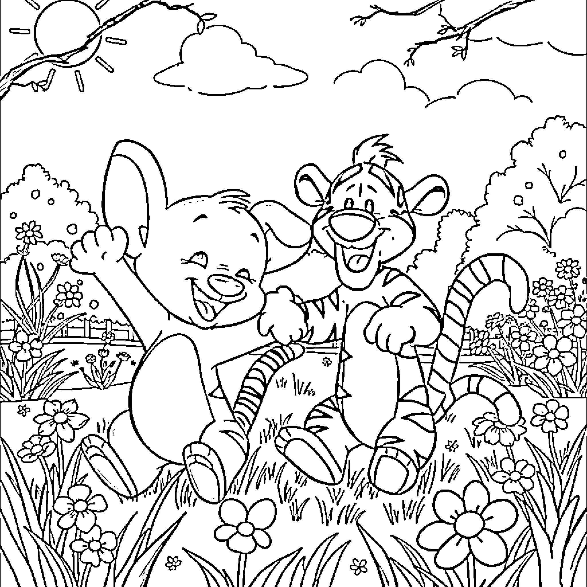 Bluey and Friends Frolic in a Floral Wonderland Coloring Page (free black-and-white line drawing printable PDF for all, from beginners to advanced learners, including children, teens, adults, and seniors)