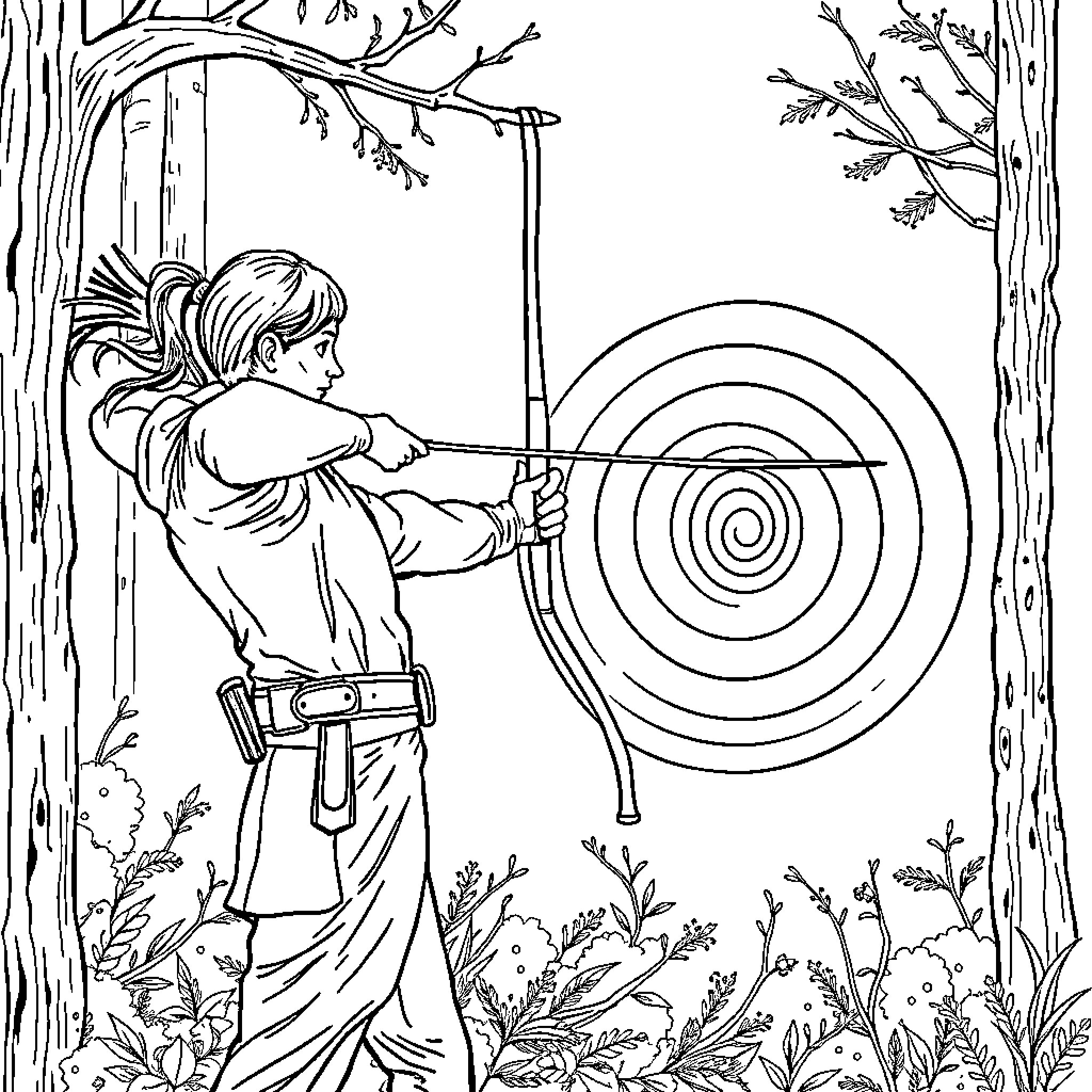 Archer aiming at target in forest Coloring Page (free black-and-white line drawing printable PDF for all, from beginners to advanced learners, including children, teens, adults, and seniors)