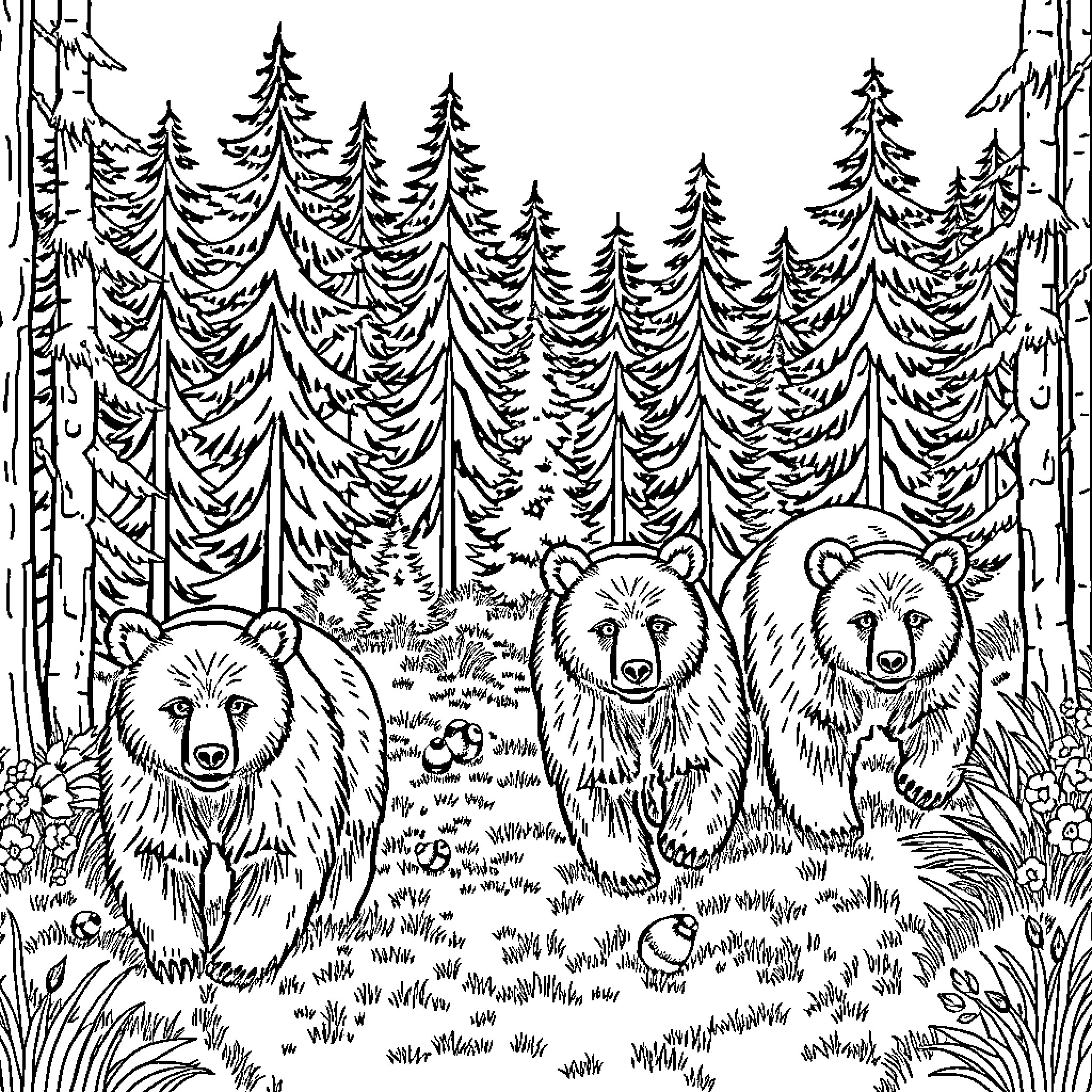 Bear trio exploring the wilderness Coloring Page (free black-and-white line drawing printable PDF for all, from beginners to advanced learners, including children, teens, adults, and seniors)