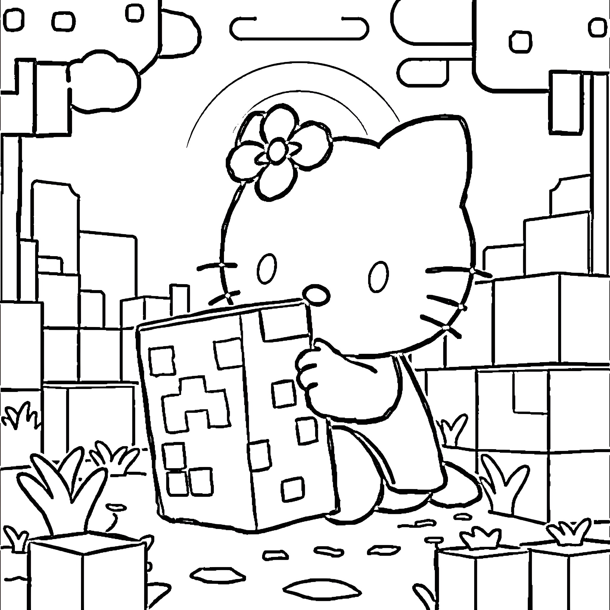 Hello Kitty exploring the city streets Coloring Page (free black-and-white line drawing printable PDF for all, from beginners to advanced learners, including children, teens, adults, and seniors)