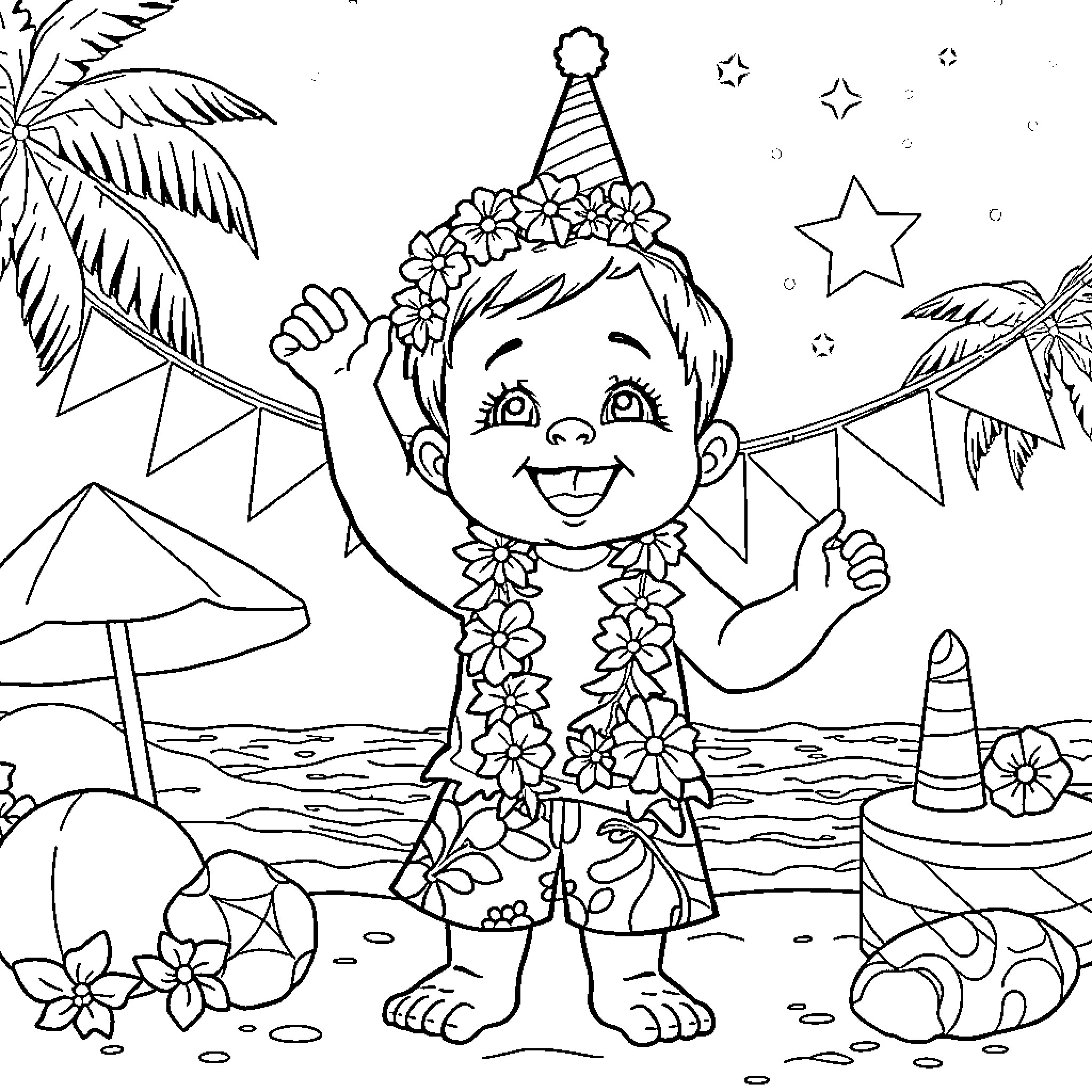 Child celebrating joyfully on the beach Coloring Page (free black-and-white line drawing printable PDF for all, from beginners to advanced learners, including children, teens, adults, and seniors)