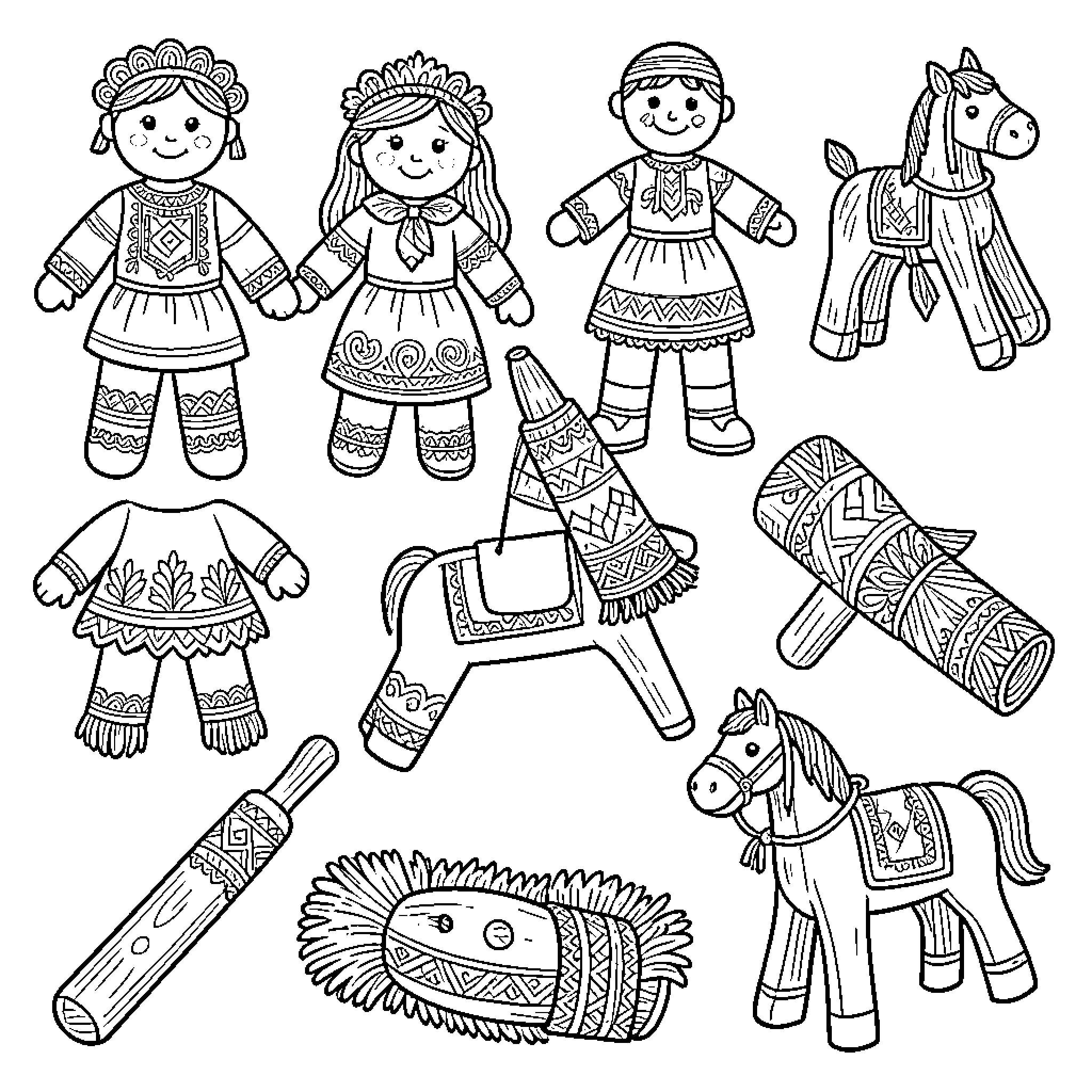 Traditional Toys with Decorative Patterns and Designs Coloring Page (free black-and-white line drawing printable PDF for all, from beginners to advanced learners, including children, teens, adults, and seniors)