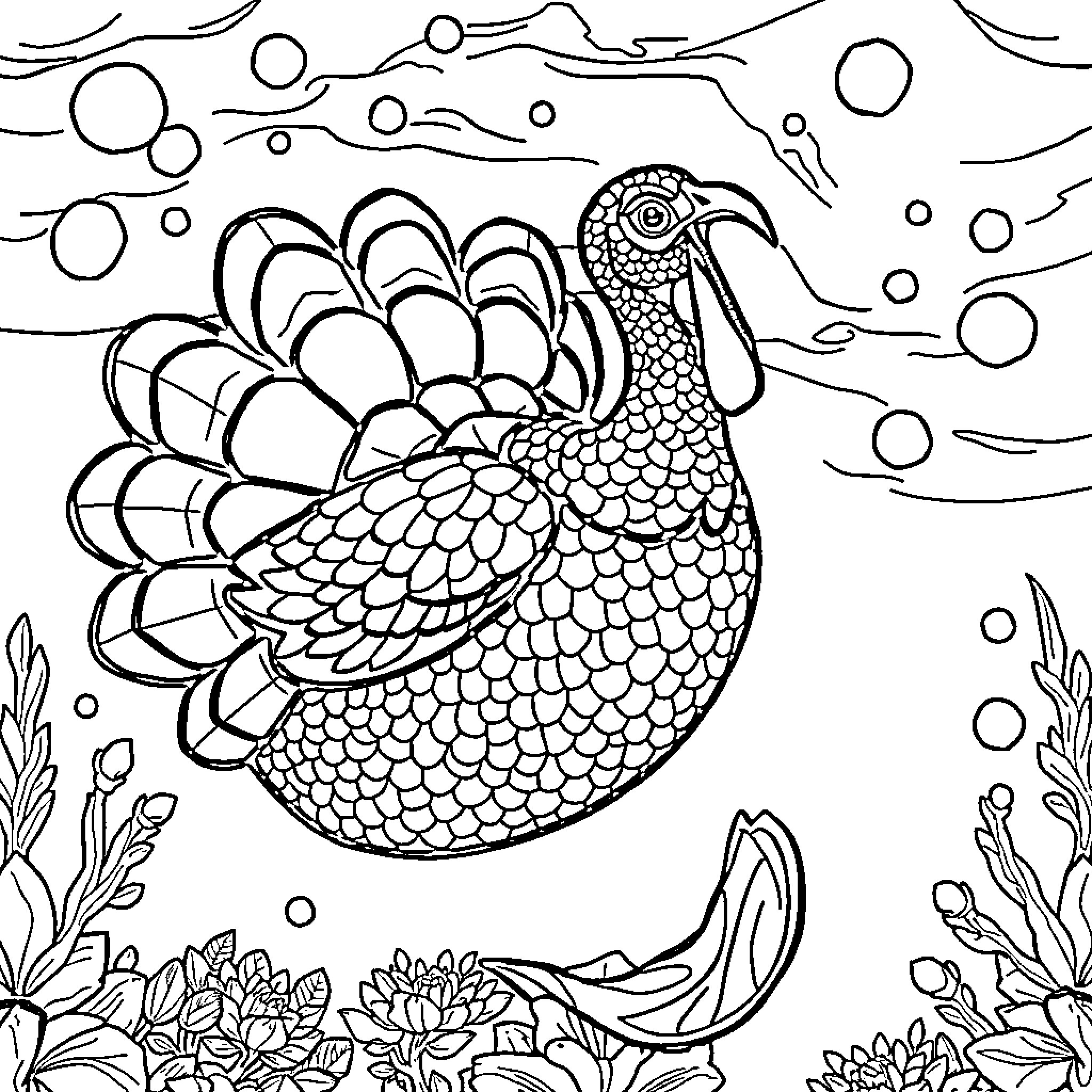 Turkey dancing amidst whimsical patterns and shapes Coloring Page (free black-and-white line drawing printable PDF for all, from beginners to advanced learners, including children, teens, adults, and seniors)
