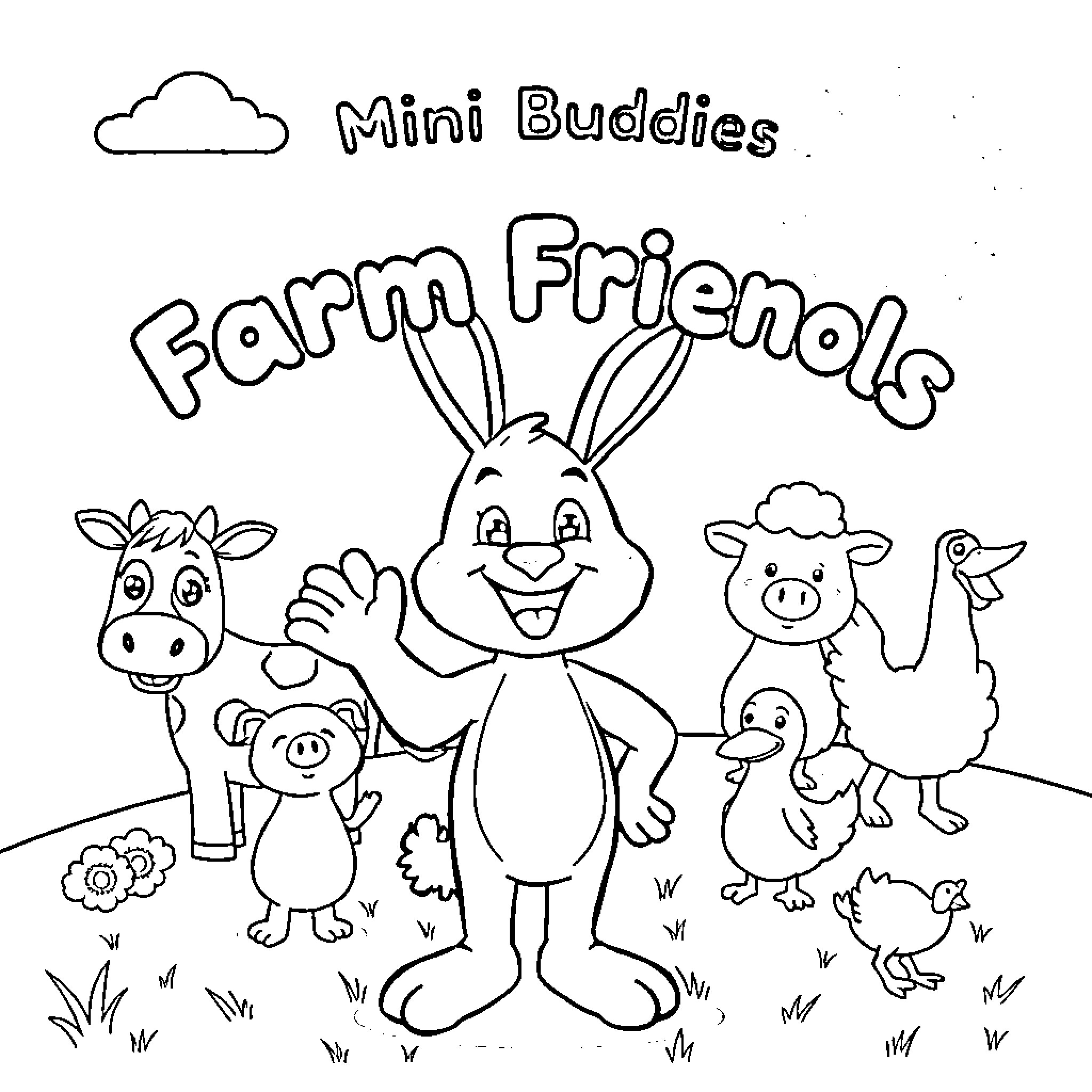 Bunny and farm animal friends Coloring Page (free black-and-white line drawing printable PDF for all, from beginners to advanced learners, including children, teens, adults, and seniors)