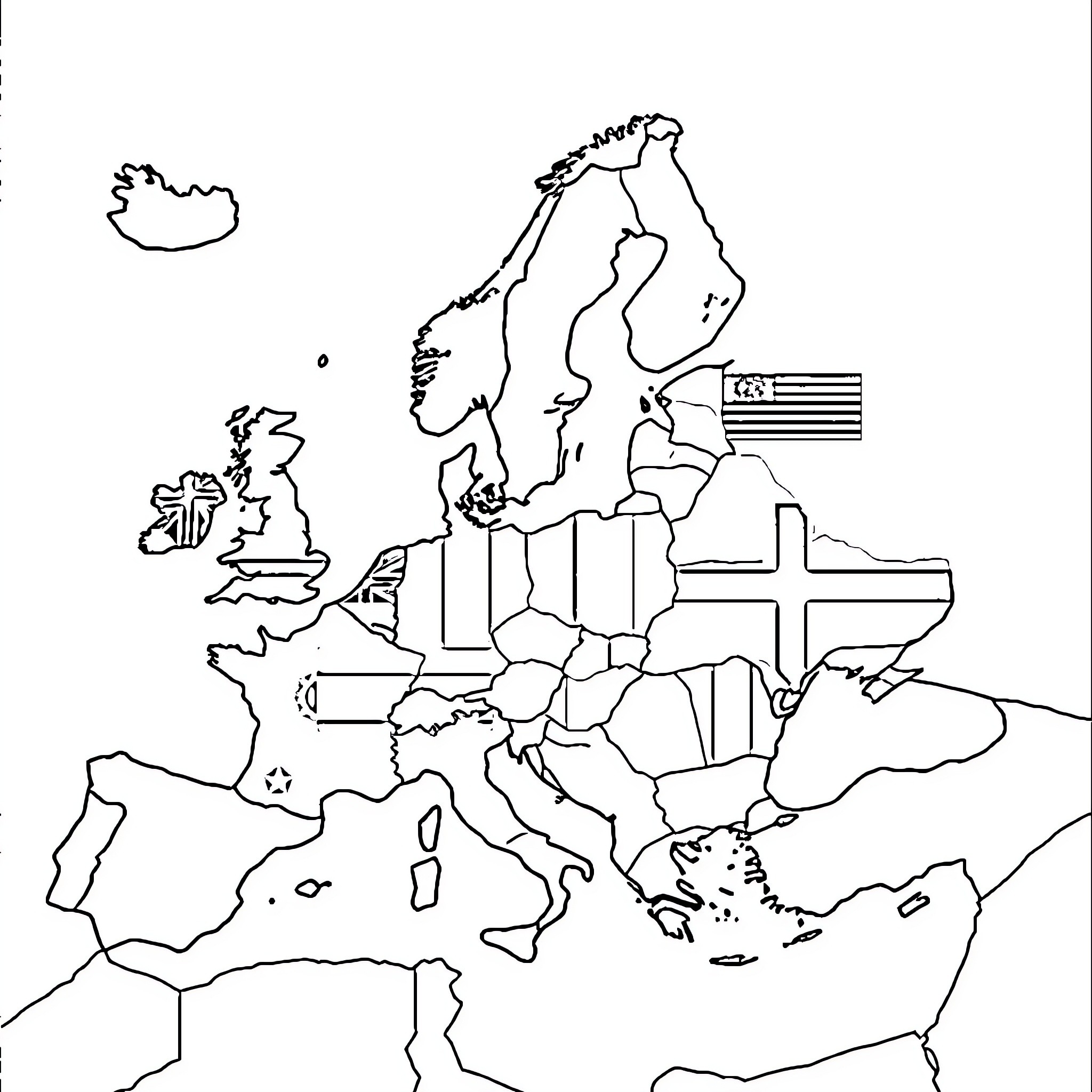 Map of European countries in outline Coloring Page (free black-and-white line drawing printable PDF for all, from beginners to advanced learners, including children, teens, adults, and seniors)